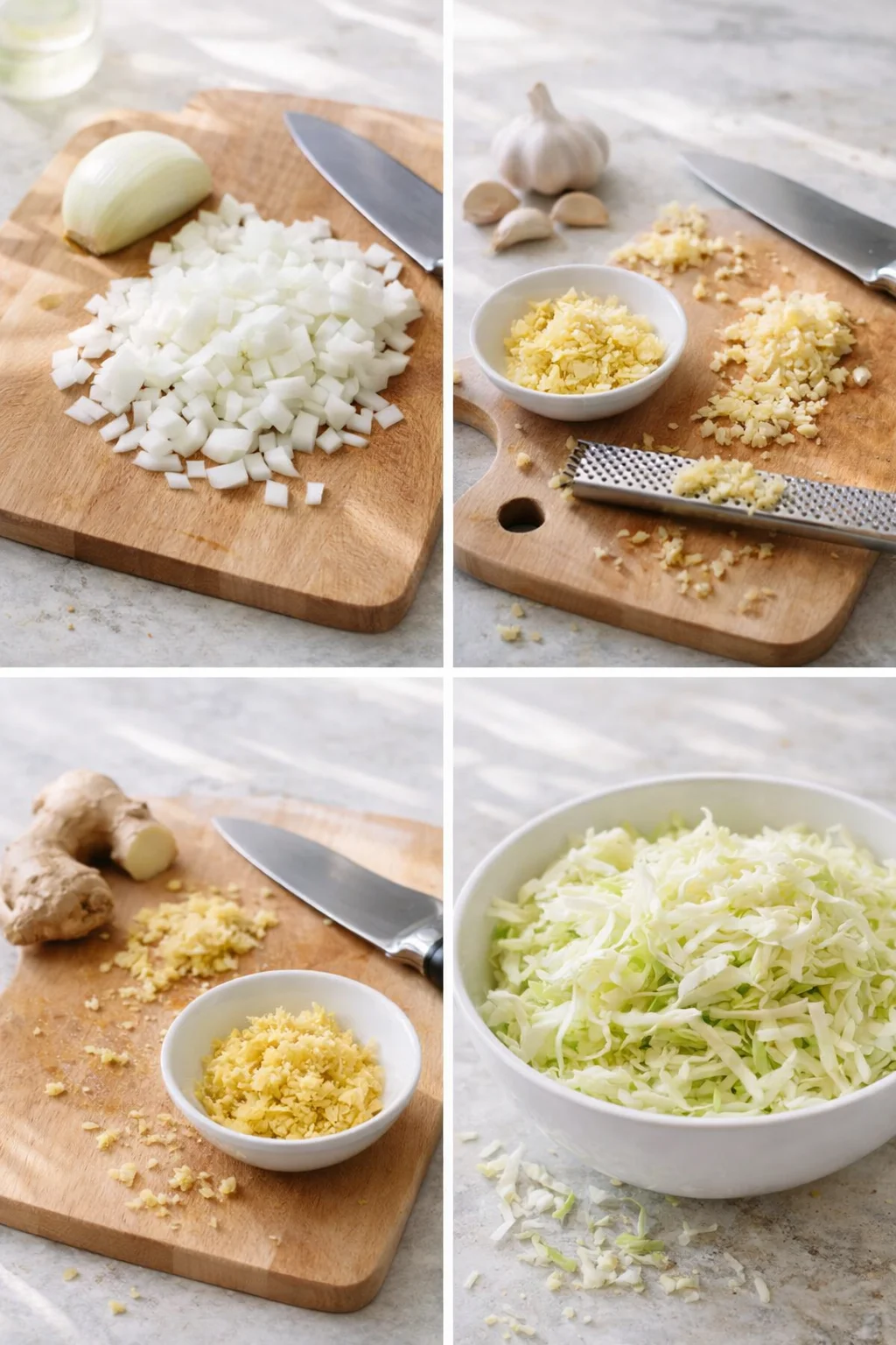 step-process-placeholder-1-4.png Chopped onion, minced garlic, grated ginger, and shredded cabbage arranged on cutting board.