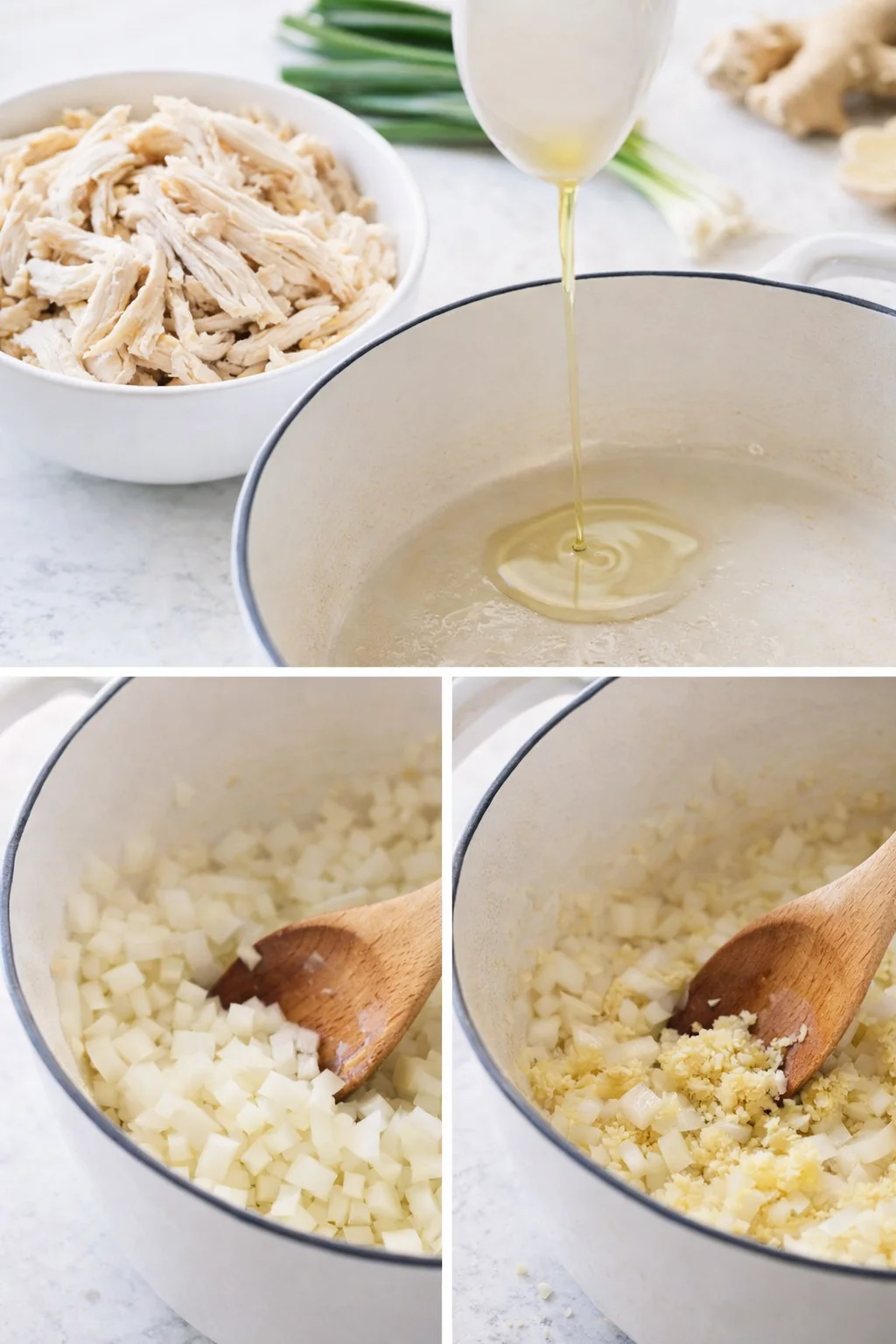 step-process-placeholder-5-8.png Shredded rotisserie chicken beside pot with onions sautéing in shimmering oil.