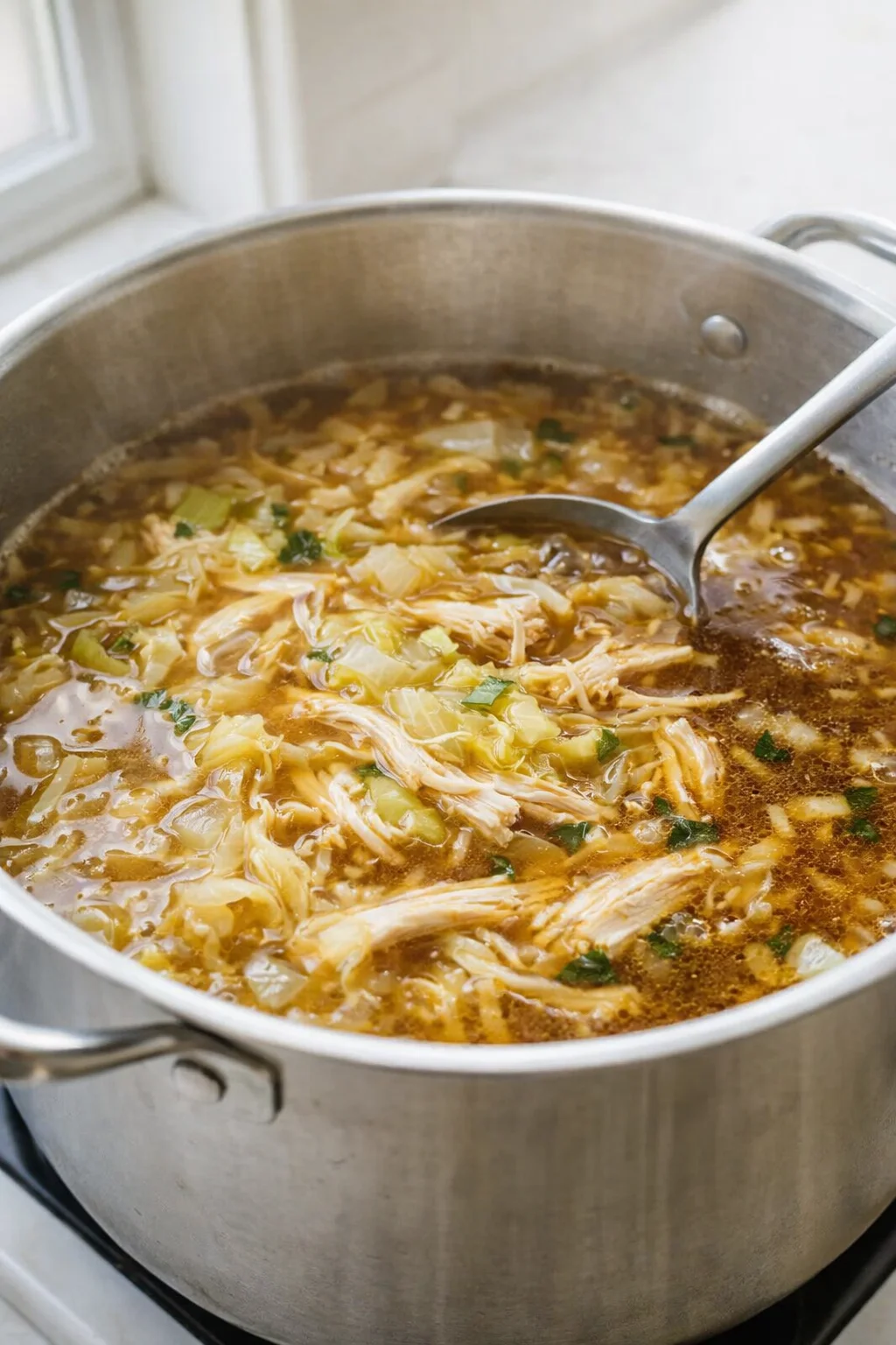 step-process-placeholder-9-12.png Large pot filled with boiling broth, cabbage and shredded chicken being stirred.