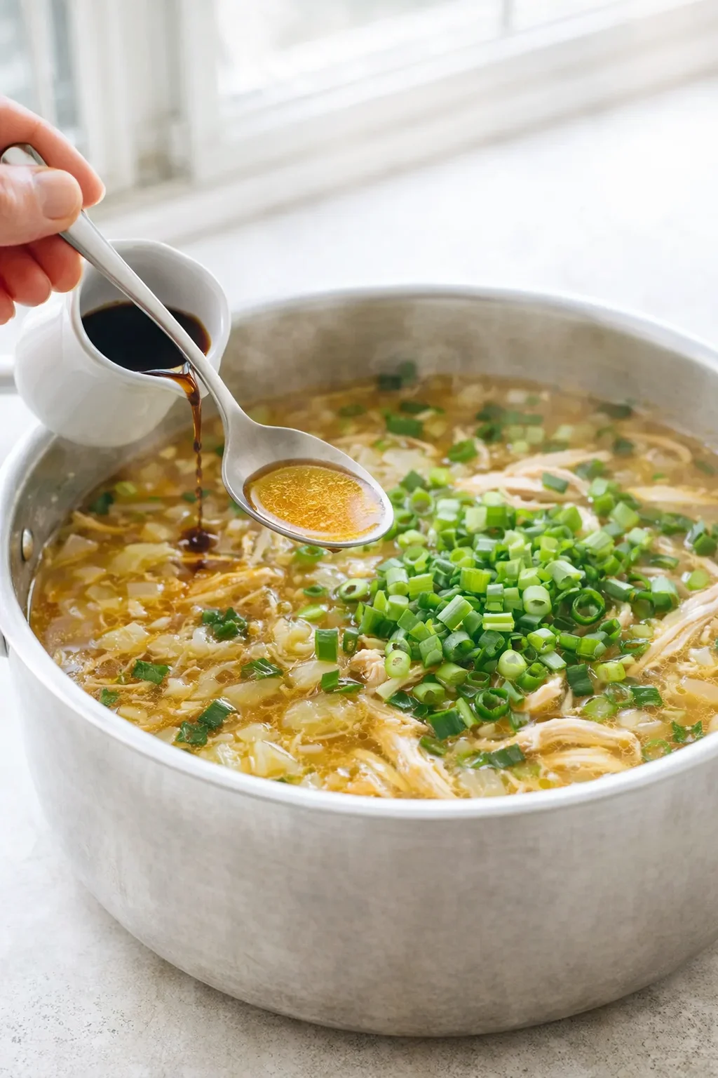 step-process-placeholder-13-14.png Finished soup in bowl being tasted and topped with sliced green onions.