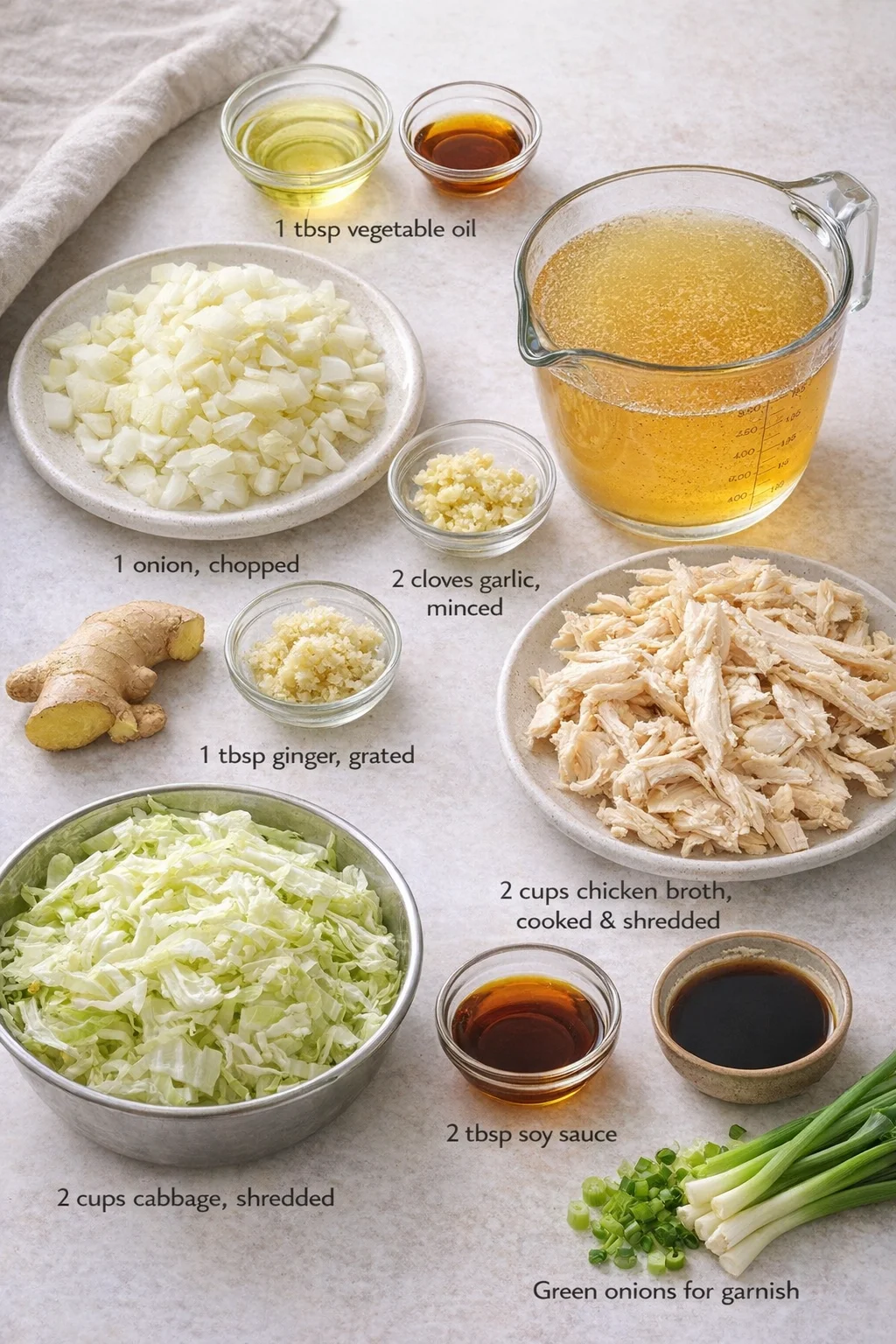 ingredients-placeholder.png Measured ingredients arranged for Hearty Asian Chicken Cabbage Soup Ready in 30 Minutes: 1 tbsp vegetable oil, Any neutral oil works, but if you want that extra nutty note, try sesame oil., 1 onion, chopped, Yellow or wh