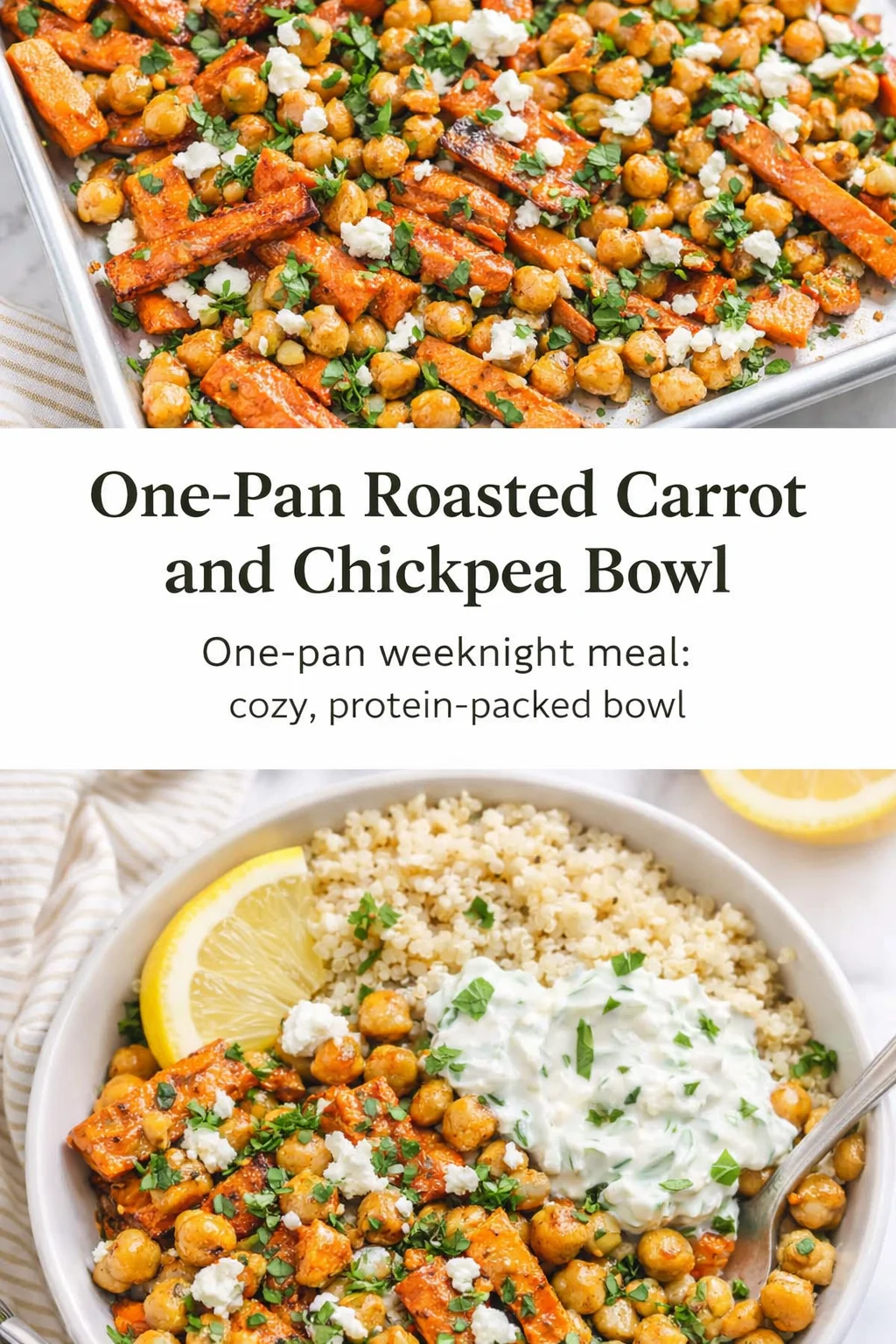 pre_faq_pinterest-placeholder.png Pinterest-style image for One-Pan Roasted Carrot and Chickpea Bowl with centered text overlay