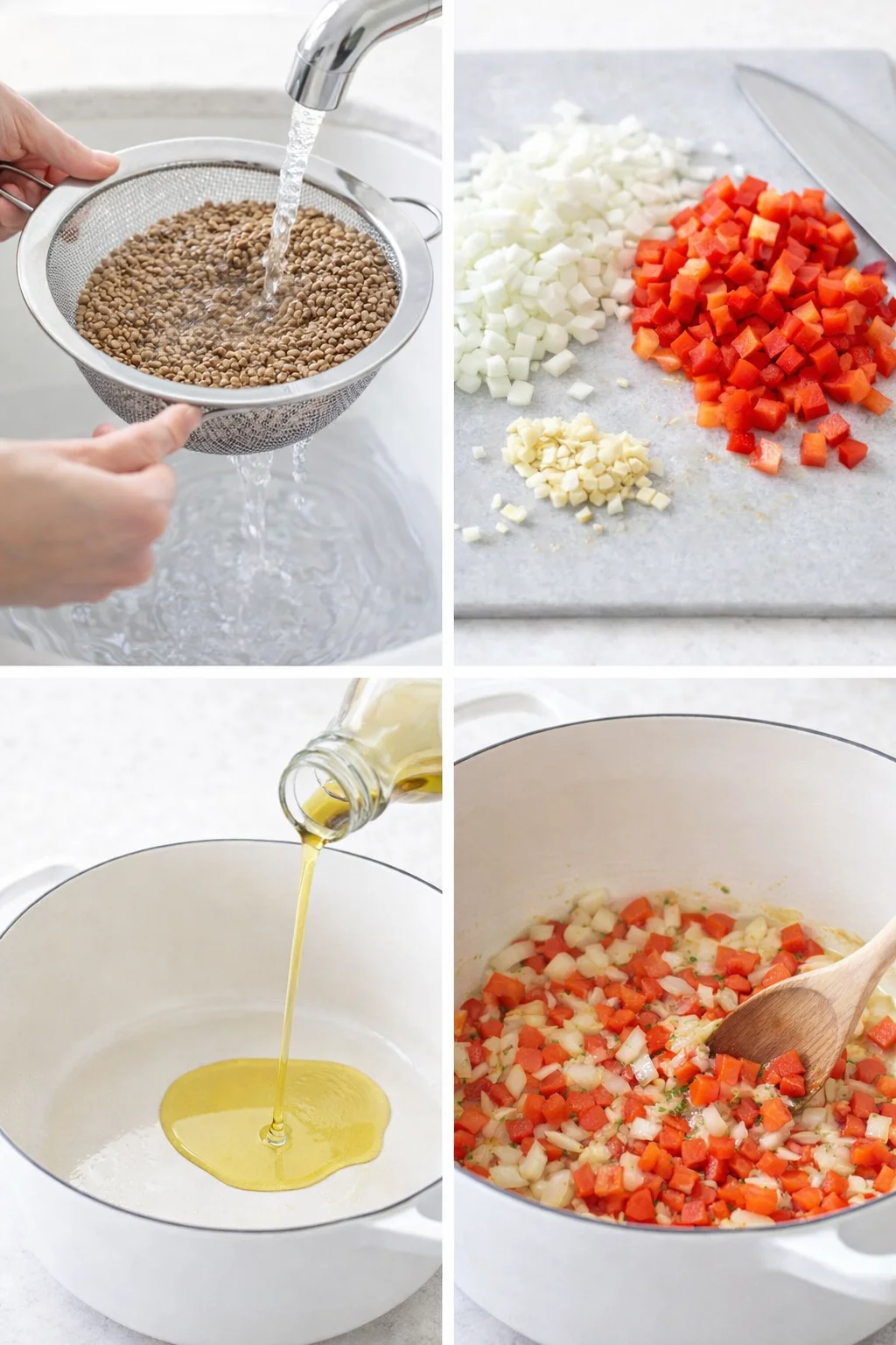 Rinsed lentils in a colander beside chopped onion, bell pepper, minced garlic, and shimmering oil in pot.