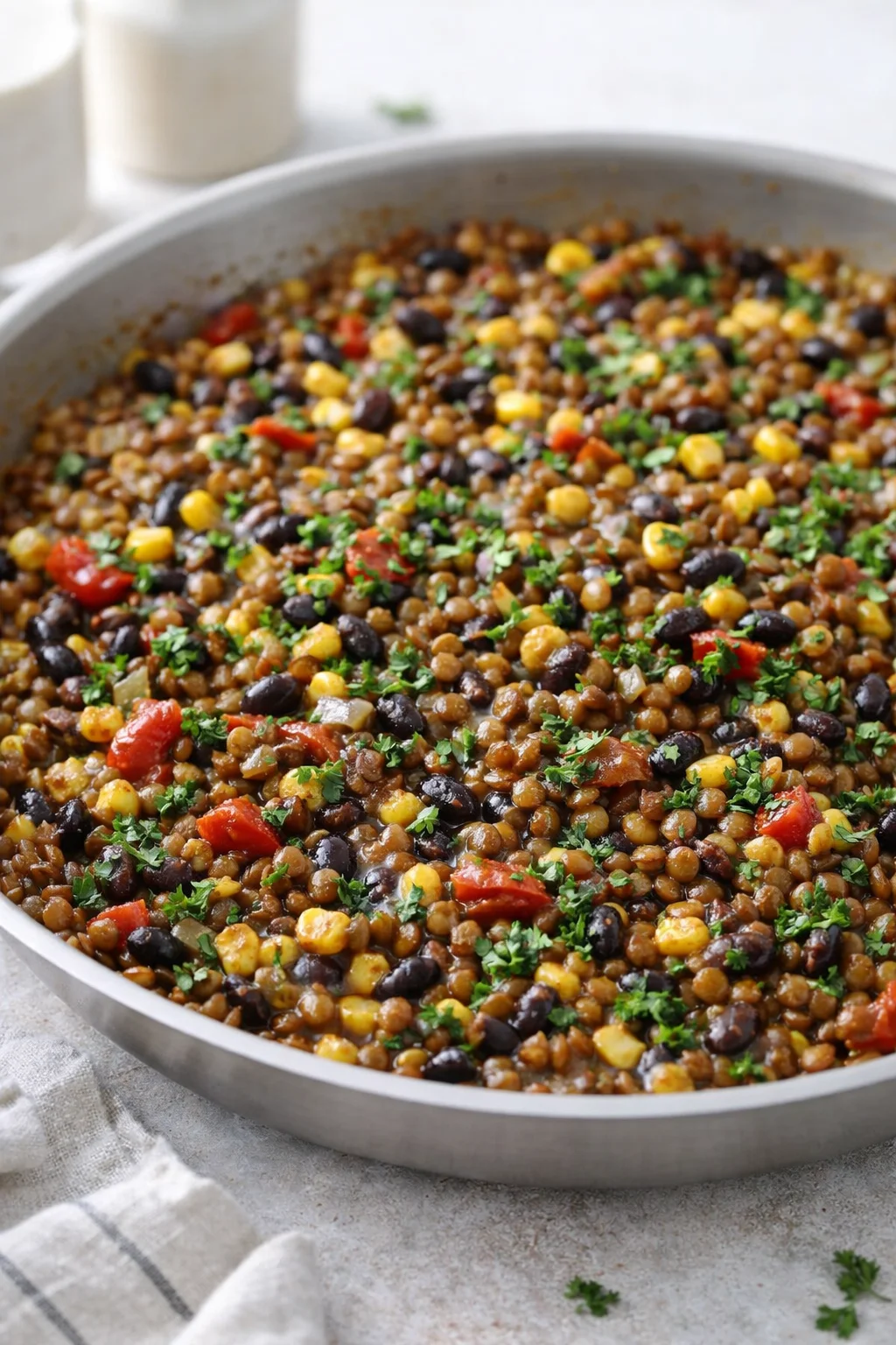 Spoon stirring lentils with visible corn or beans, being seasoned and topped with chopped cilantro.