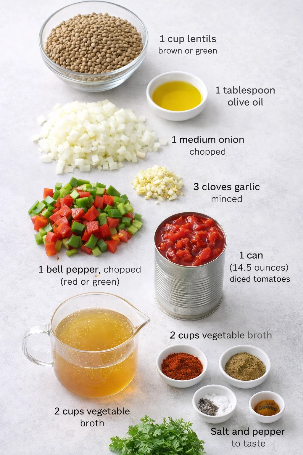 Measured ingredients arranged for Delicious Vegetarian Mexican Lentils Recipe for Flavorful Meals: 1 cup lentils – brown or green, because they hold their shape nicely when cooked., 1 tablespoon olive oil – adds richness
