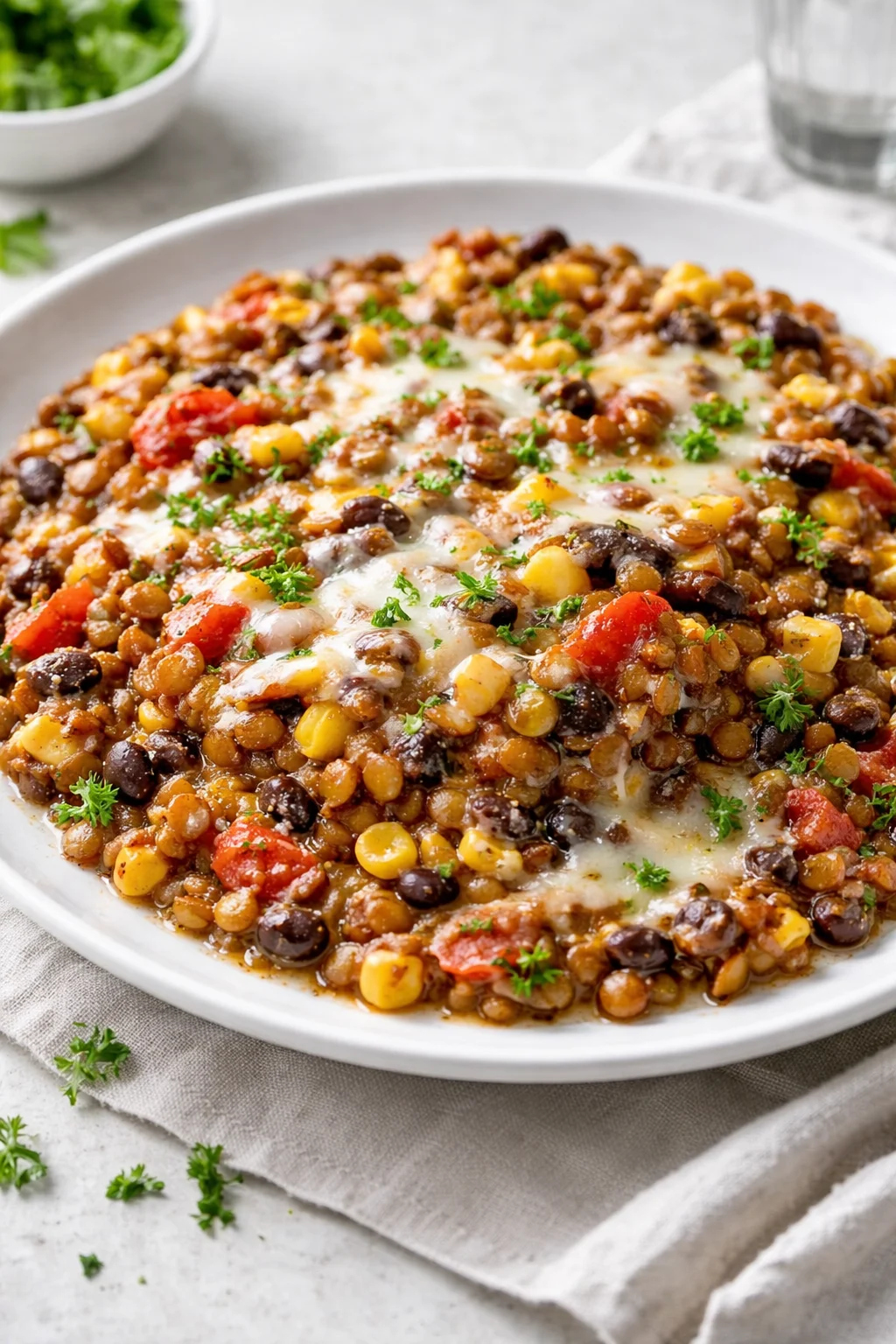 Final plated Delicious Vegetarian Mexican Lentils Recipe for Flavorful Meals served as a hero shot