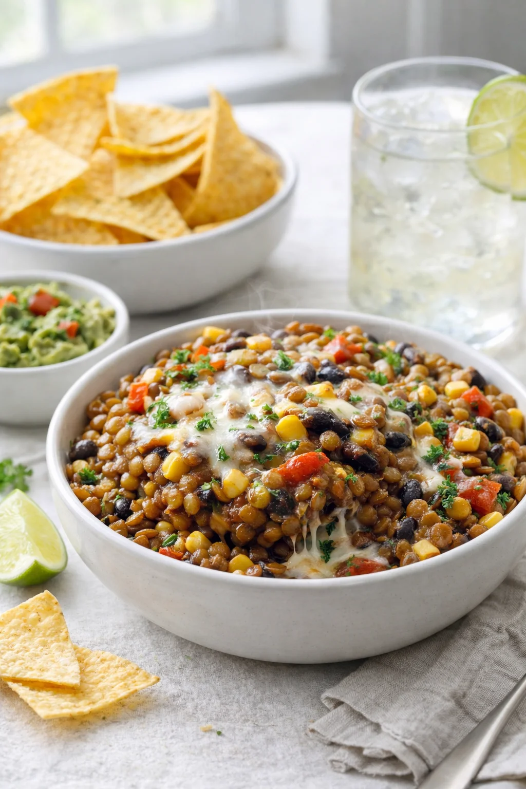 Alternative angle of Delicious Vegetarian Mexican Lentils Recipe for Flavorful Meals served with a pairing