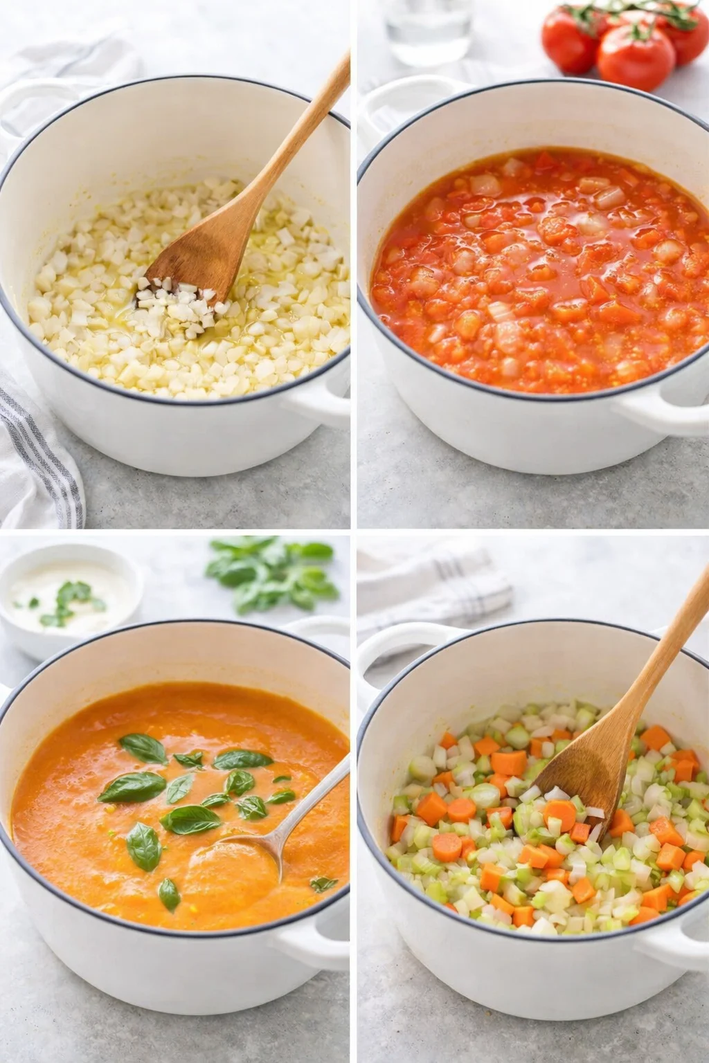 Softly sautéed onions and garlic in olive oil beside pot of pureed tomato soup being stirred.