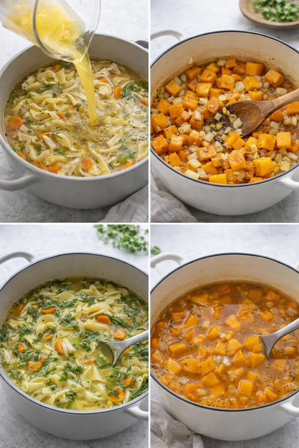 Shredded chicken and noodles simmering in broth beside browned roasted butternut squash.