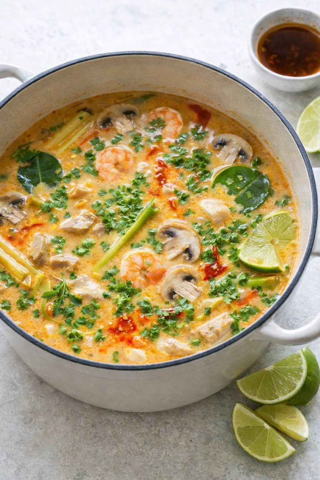 Mushrooms and protein simmering in coconut milk, finished with lime and chopped cilantro.