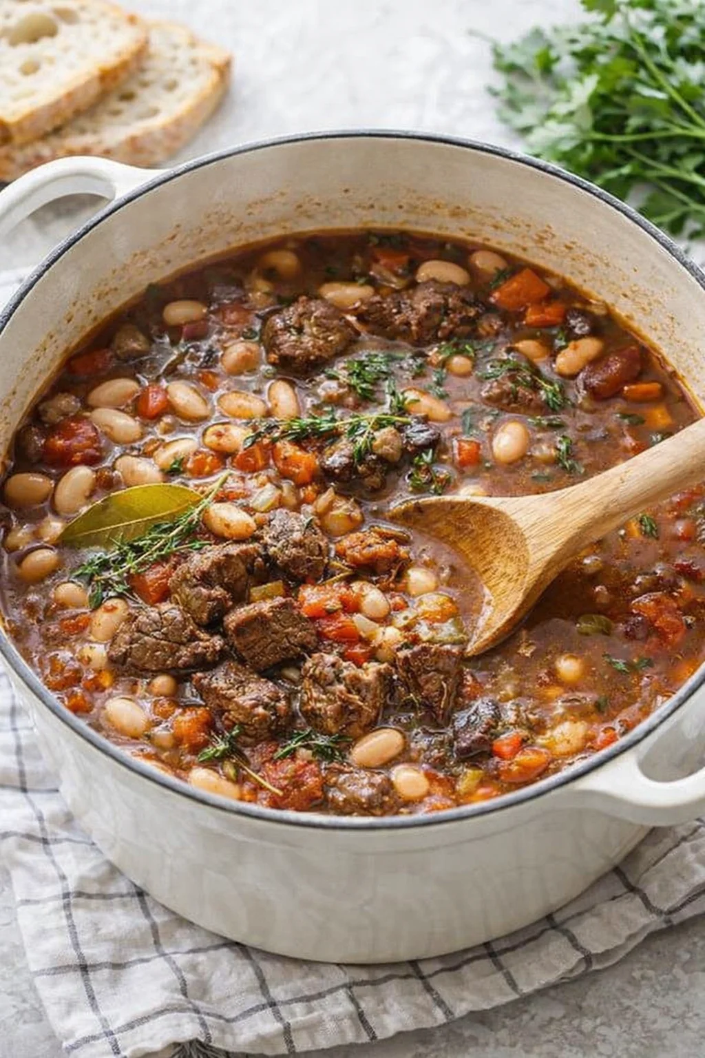 Browned beef seared in pan beside a pot of hearty beans and tomatoes simmering.