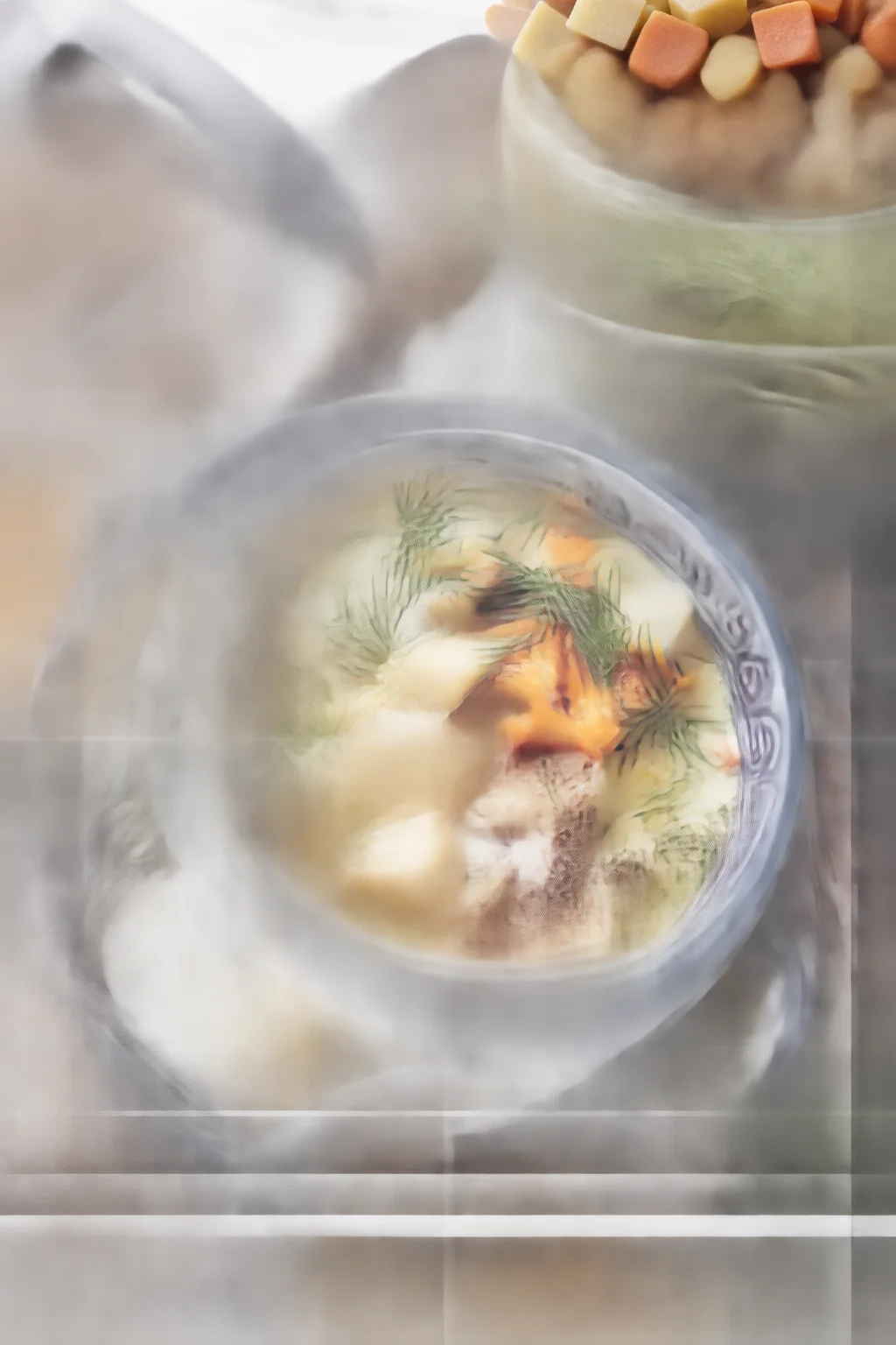 Creamy potato soup being stirred, topped with melted cheese, crispy bacon, and fresh chives.