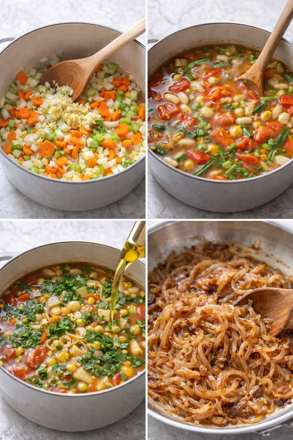 Deep golden caramelized onions in butter alongside sautéed onions, carrots, and celery.