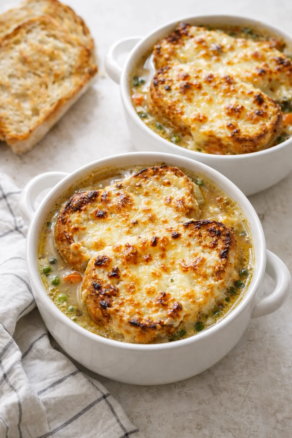Soups in oven-safe bowls topped with bread and grated cheese broiling until bubbly brown.
