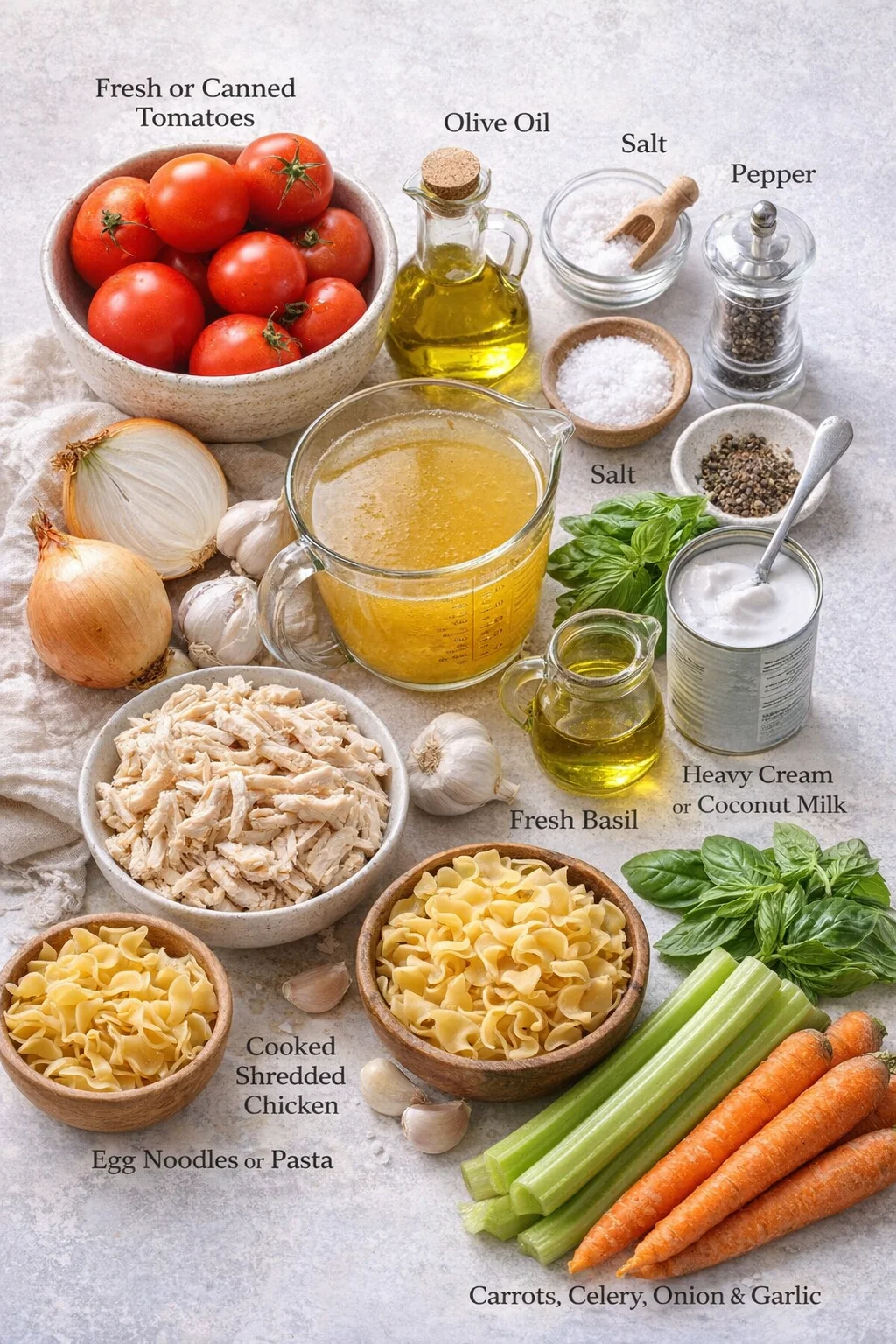 Measured ingredients arranged for Best Soup Recipes: Easy, Simple Ideas for Winter: fresh or canned tomatoes, onion, garlic, vegetable or chicken broth, heavy cream or coconut milk, fresh basil