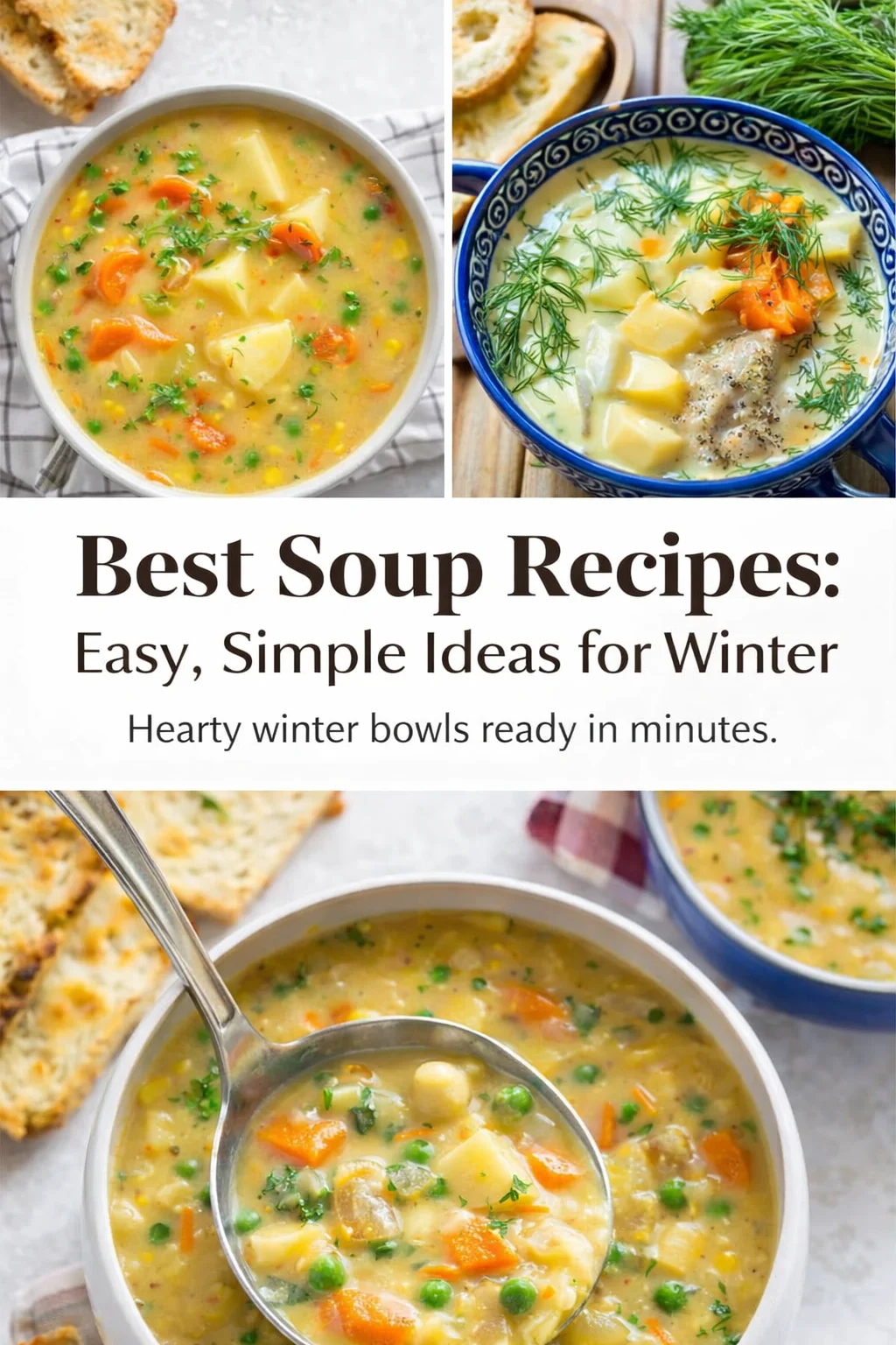 Pinterest-style image for Best Soup Recipes: Easy, Simple Ideas for Winter with centered text overlay