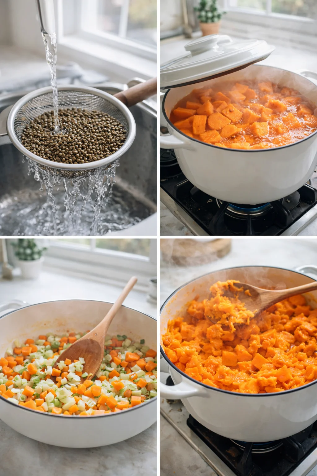 step-process-placeholder-1-4.png Hands rinsing green lentils under a stream, boiling sweet potatoes and sautéing vegetables, oven set to 400°F.