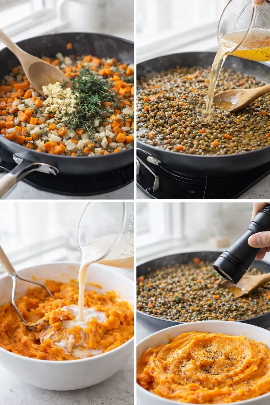 step-process-placeholder-5-8.png Wooden spoon stirring lentils simmering in broth while garlic and herbs sauté; mashed sweet potatoes being creamed, salt and pepper being adjusted.