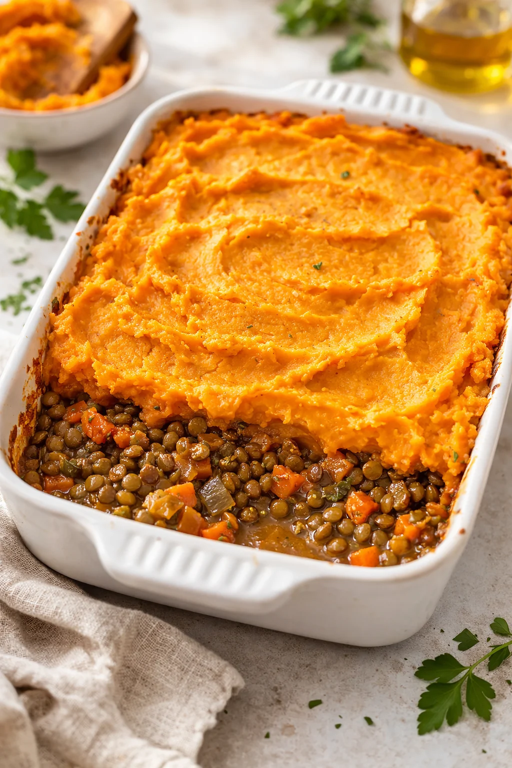 step-process-placeholder-9-11.png Lentil filling spread in casserole dish topped with piped sweet potato mash, golden bubbling and resting a few minutes.