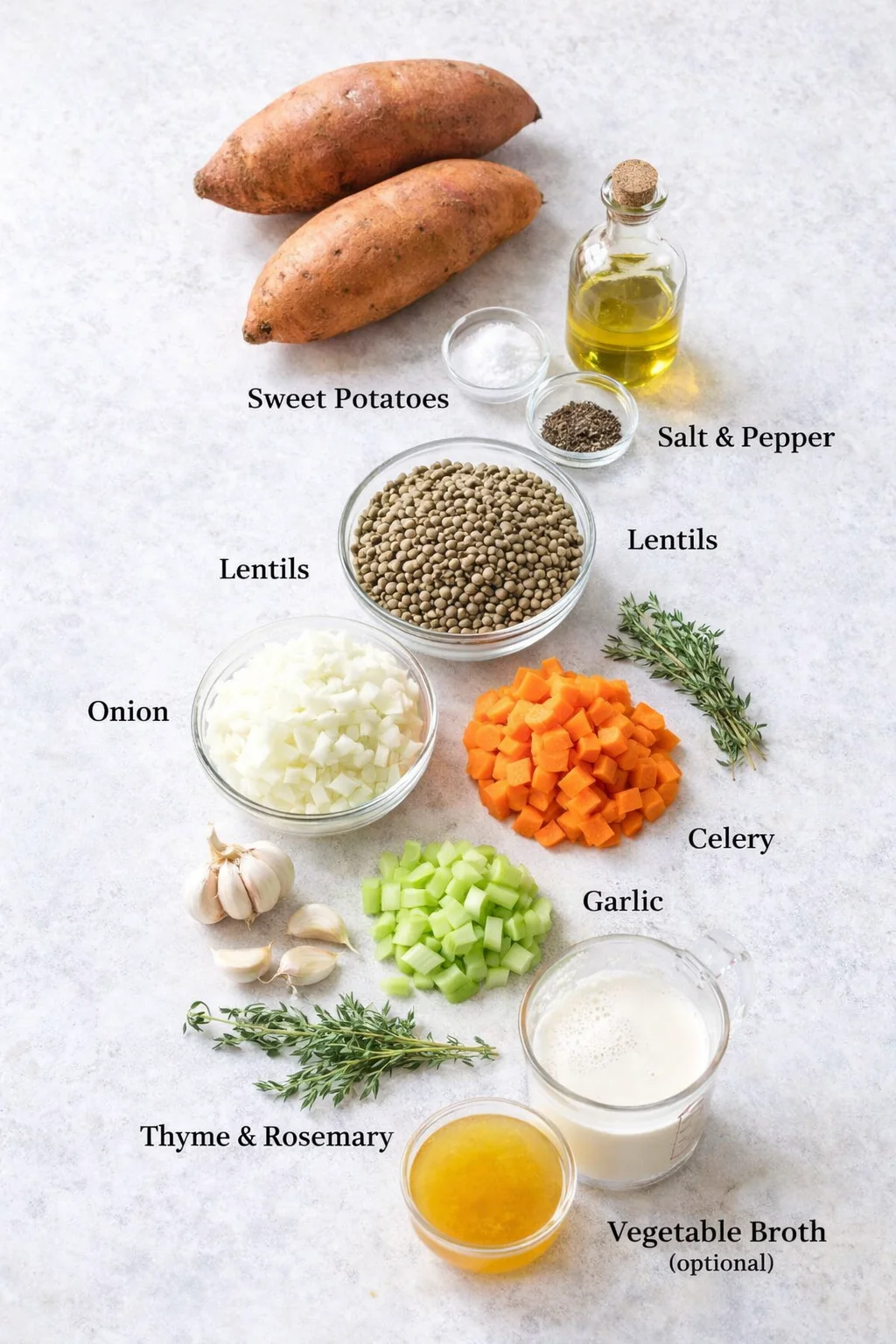 ingredients-placeholder.png Measured ingredients arranged for Irresistible Sweet Potato & Lentil Shepherd’s Pie: Comfort Food: Sweet Potatoes, Olive Oil, Salt & Pepper, Lentils, Onion, Carrots