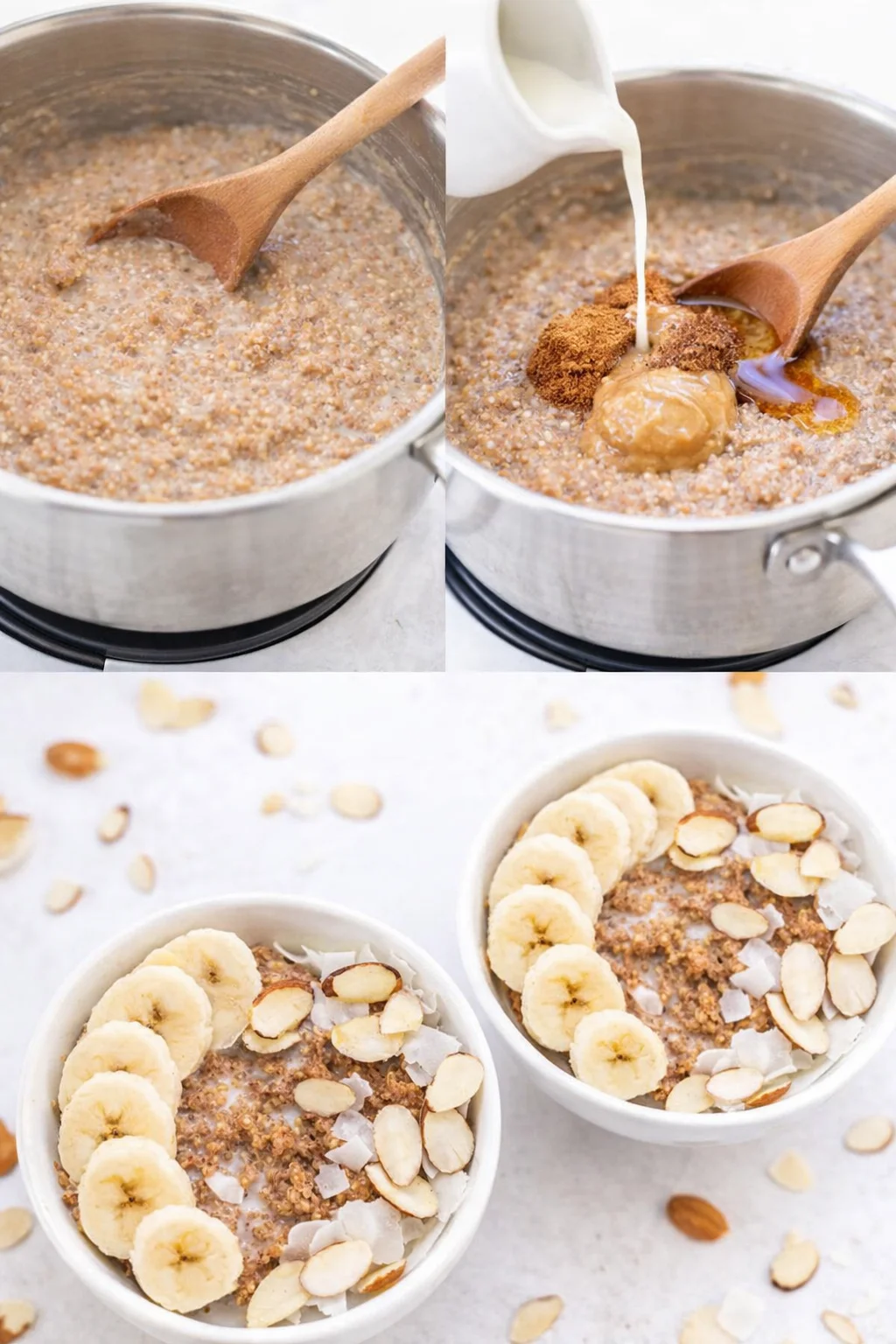 Thick creamy quinoa porridge being stirred, then scooped and ladled into serving bowls.