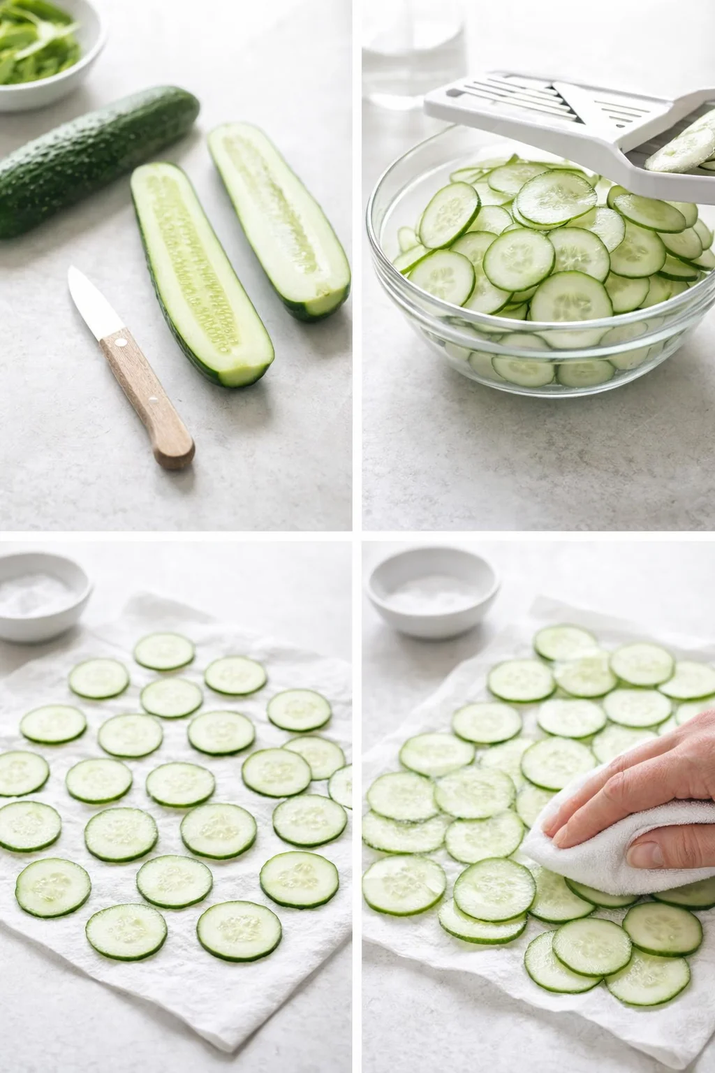 step-process-placeholder-1-4.png Peeled, seeded cucumbers thinly sliced and stacked on paper towels, sprinkled with salt and patted dry.