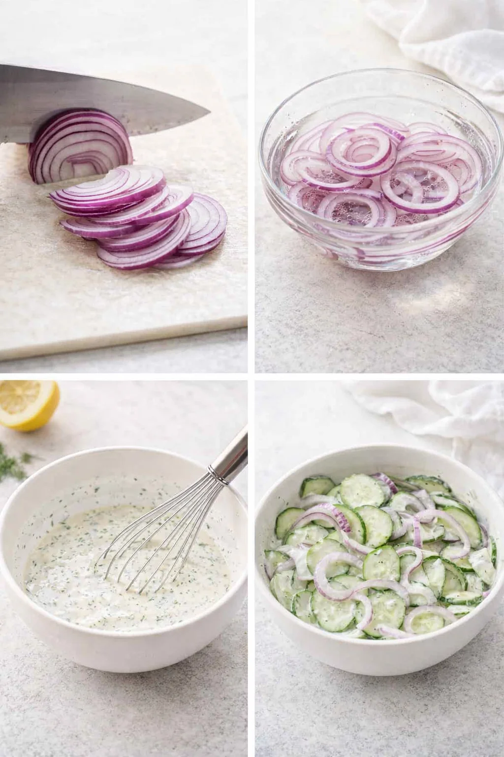step-process-placeholder-5-8.png Thin red onion slices draining in a bowl beside a whisked creamy dill yogurt dressing, cucumbers being tossed.