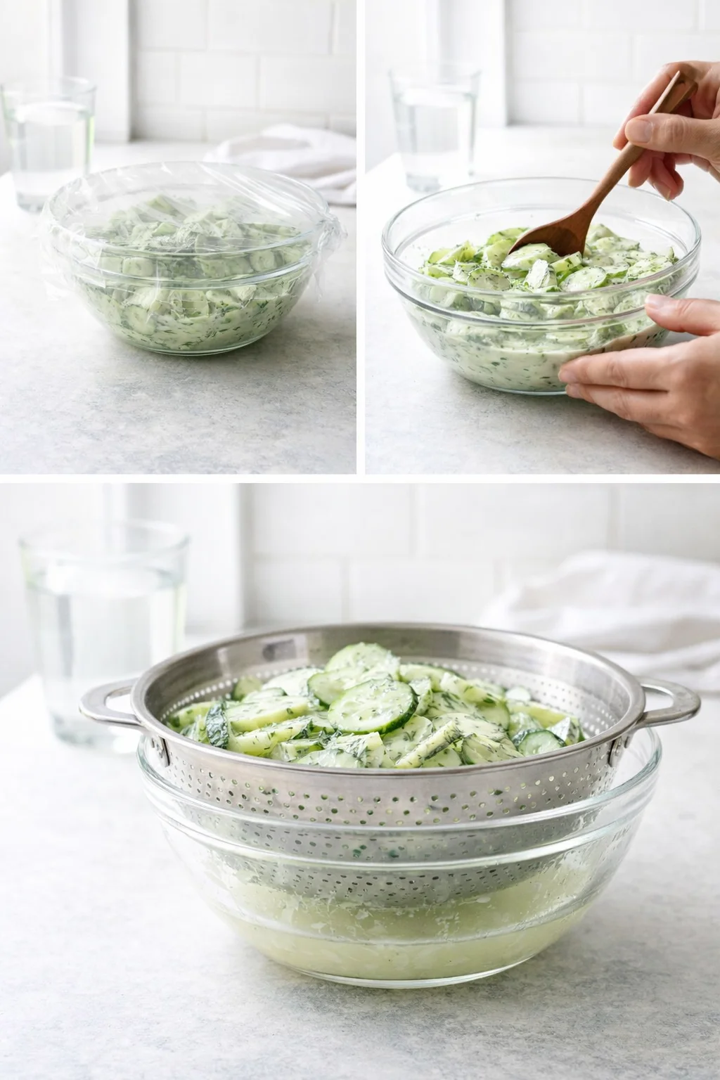 step-process-placeholder-9-11.png Covered salad bowl chilling in refrigerator, later being gently stirred and drained of excess liquid.