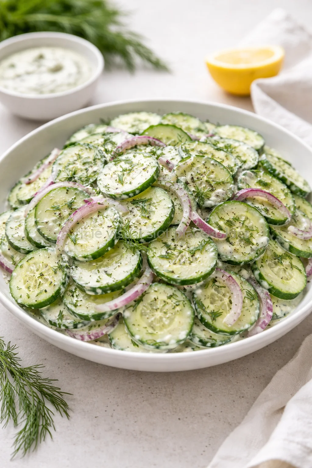 intro_final_dish-placeholder.png Final plated Cucumber Dill Salad: A Fresh Taste of Summer Tradition served as a hero shot
