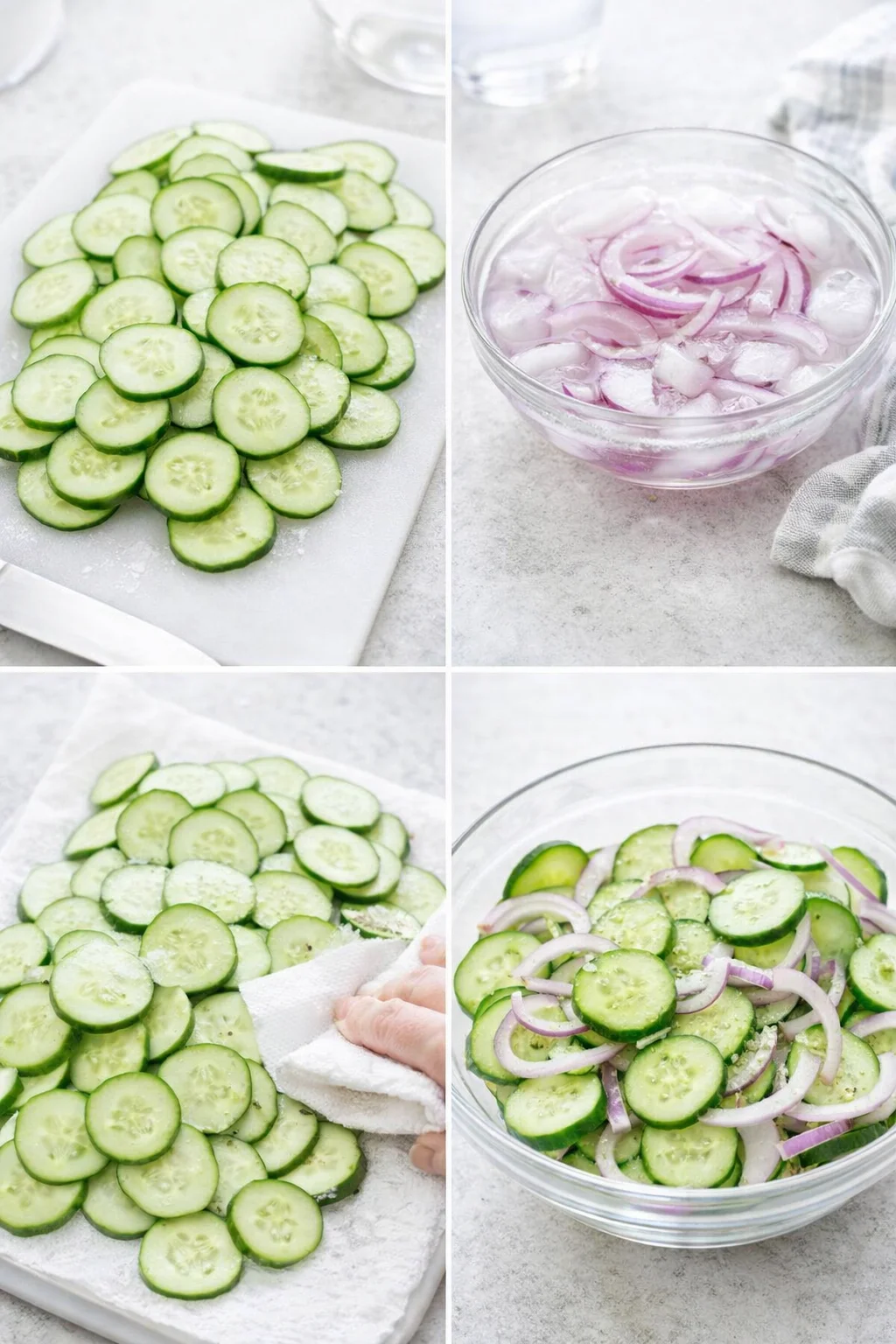 Thin cucumber rounds and thin red onion slices piled in a large mixing bowl, some salt sprinkled.