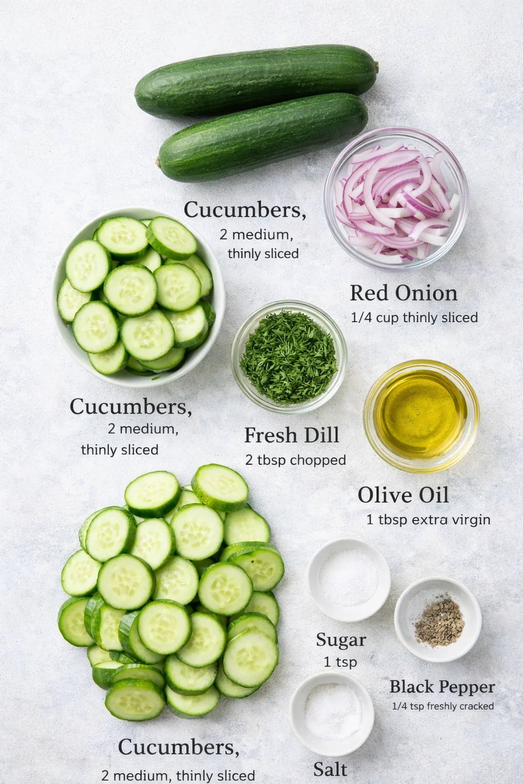 Measured ingredients arranged for 10-Minute Refreshing Cucumber Salad That Crushes Summer Heat: 2 medium cucumbers, thinly sliced, about 1/8-inch thick, 1/4 cup red onion, thinly sliced (if you want the onion milder, soa
