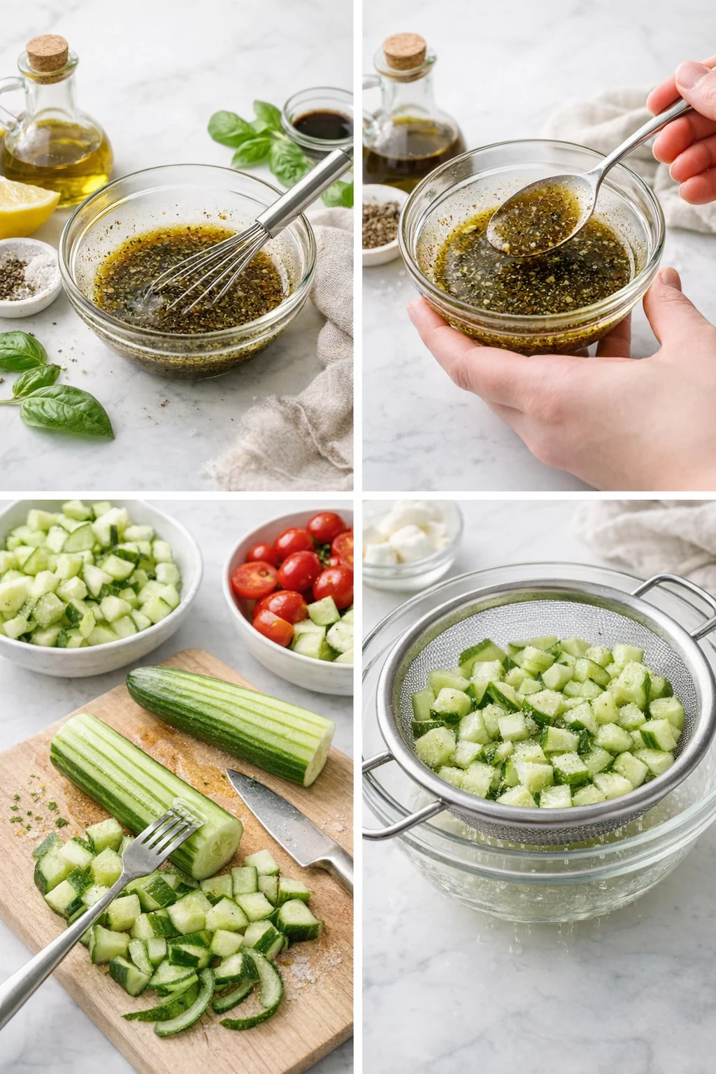 Small bowl with whisked herb vinaigrette beside peeled, scored and diced cucumber draining in colander.