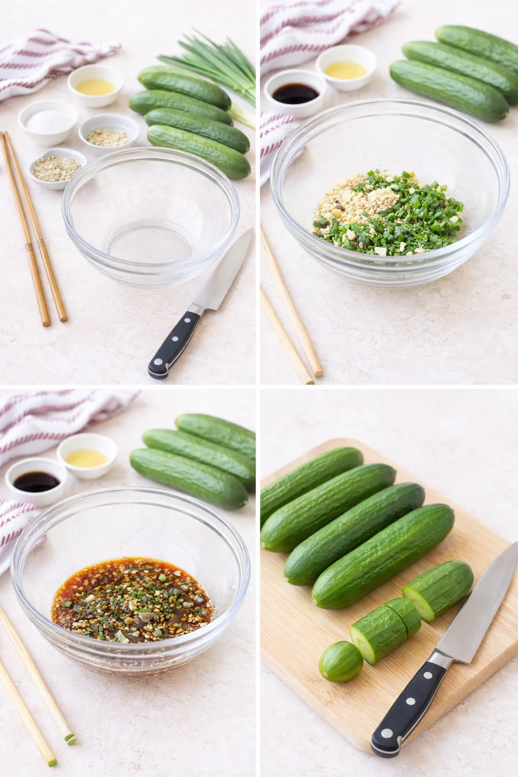 step-process-placeholder-1-4.png Ingredients and tools arranged; mixing bowl holds sugar, garlic, sesame seeds; trimmed cucumbers and knife nearby.