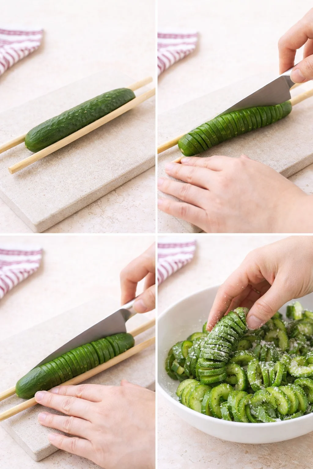 step-process-placeholder-5-8.png Cucumber being sliced between chopsticks into accordion spirals; spirals in bowl being salted and massaged.