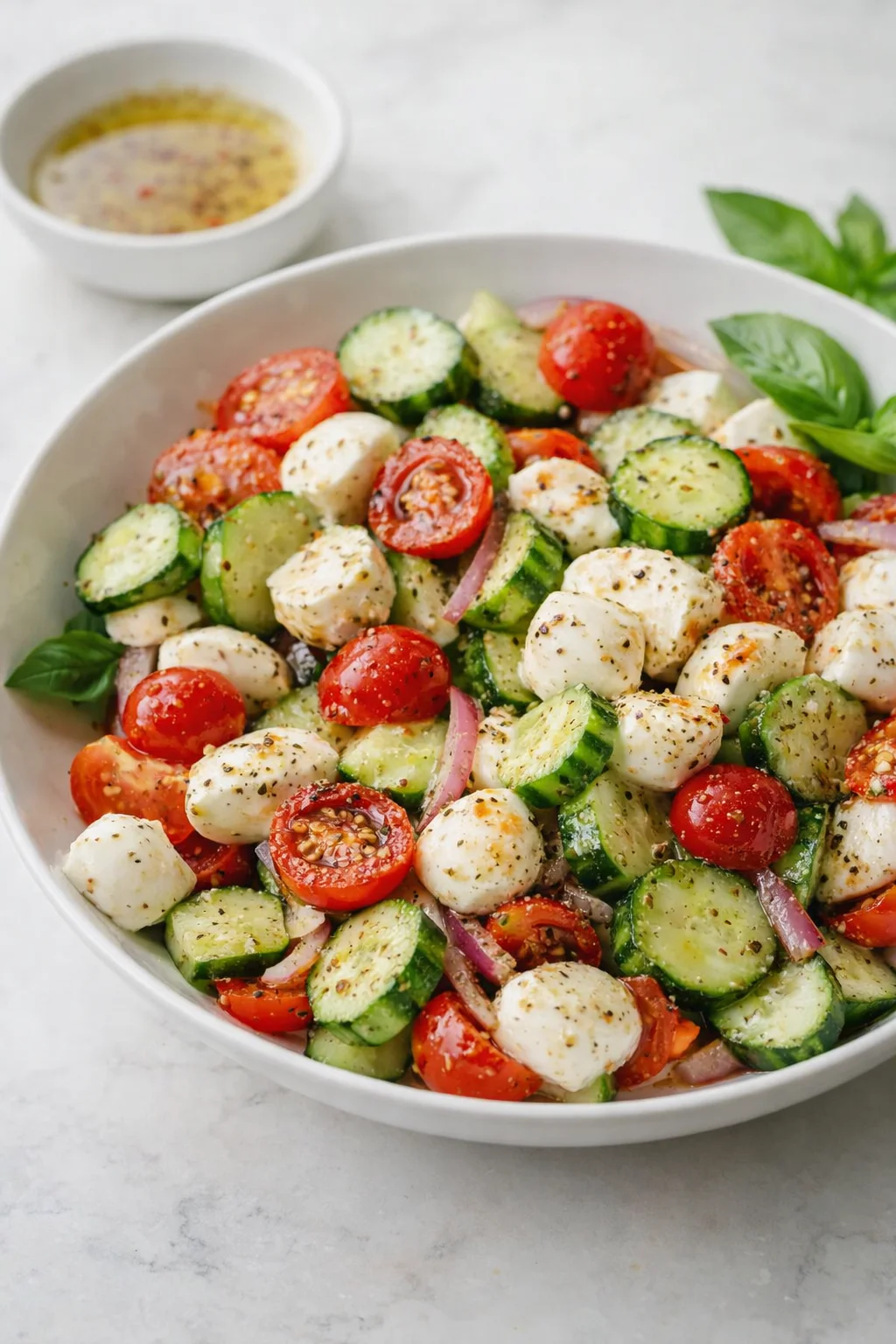 Dressing being poured over mixed salad while a spoon gently tosses ingredients to coat evenly.