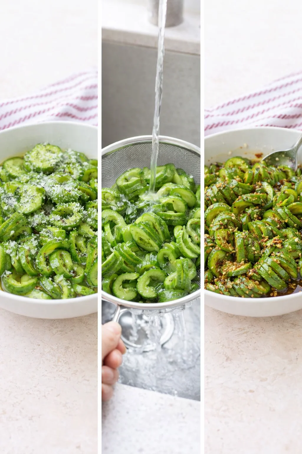 step-process-placeholder-9-11.png Cucumber spirals being rinsed under cold water, then tossed with soy-vinegar sesame marinade.