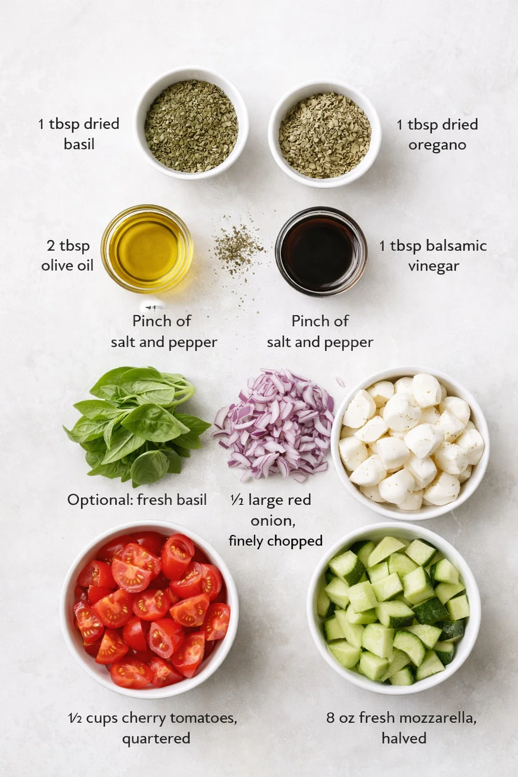 Measured ingredients arranged for Fresh Cucumber Caprese Salad: 1 tbsp dried basil (or 3 tbsp fresh, chopped, if you prefer), 1 tbsp dried oregano, 2 tbsp olive oil (I like to use Colavita extra virgin), 1 tbsp balsamic 