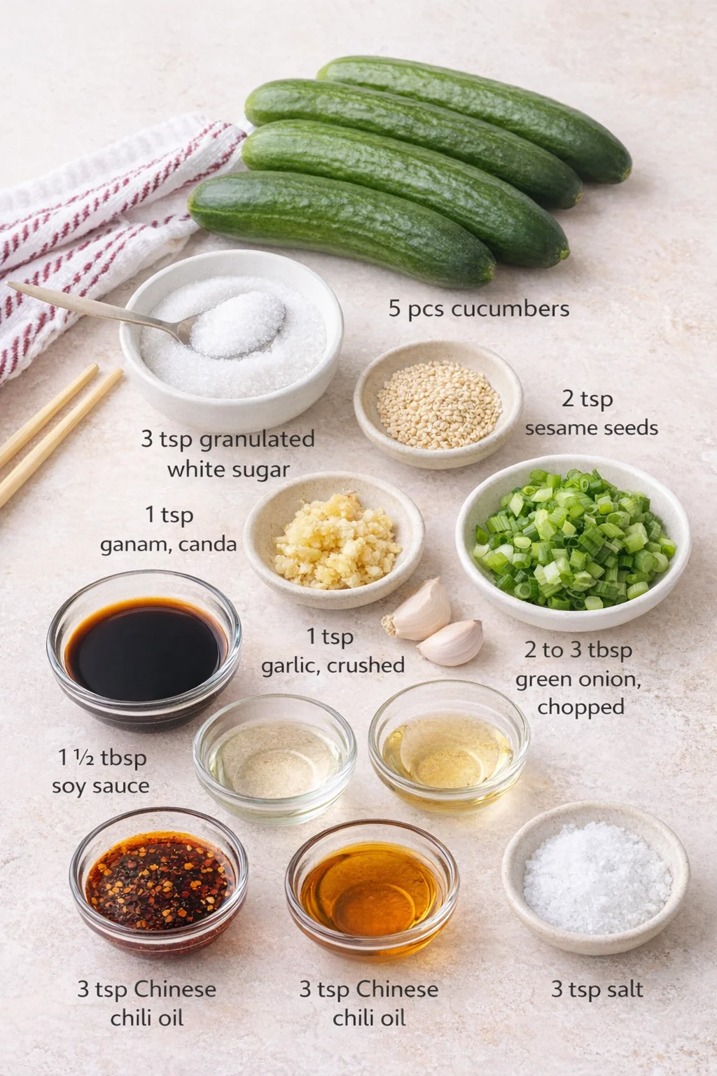 ingredients-placeholder.png Measured ingredients arranged for Asian Cucumber Salad TikTok Recipe: 5 pcs cucumbers, 3 tsp granulated white sugar, 2 tsp sesame seeds, 1 tsp garlic, crushed, 2 to 3 tbsp green onion, chopped, 1 ½ tbsp soy sauce