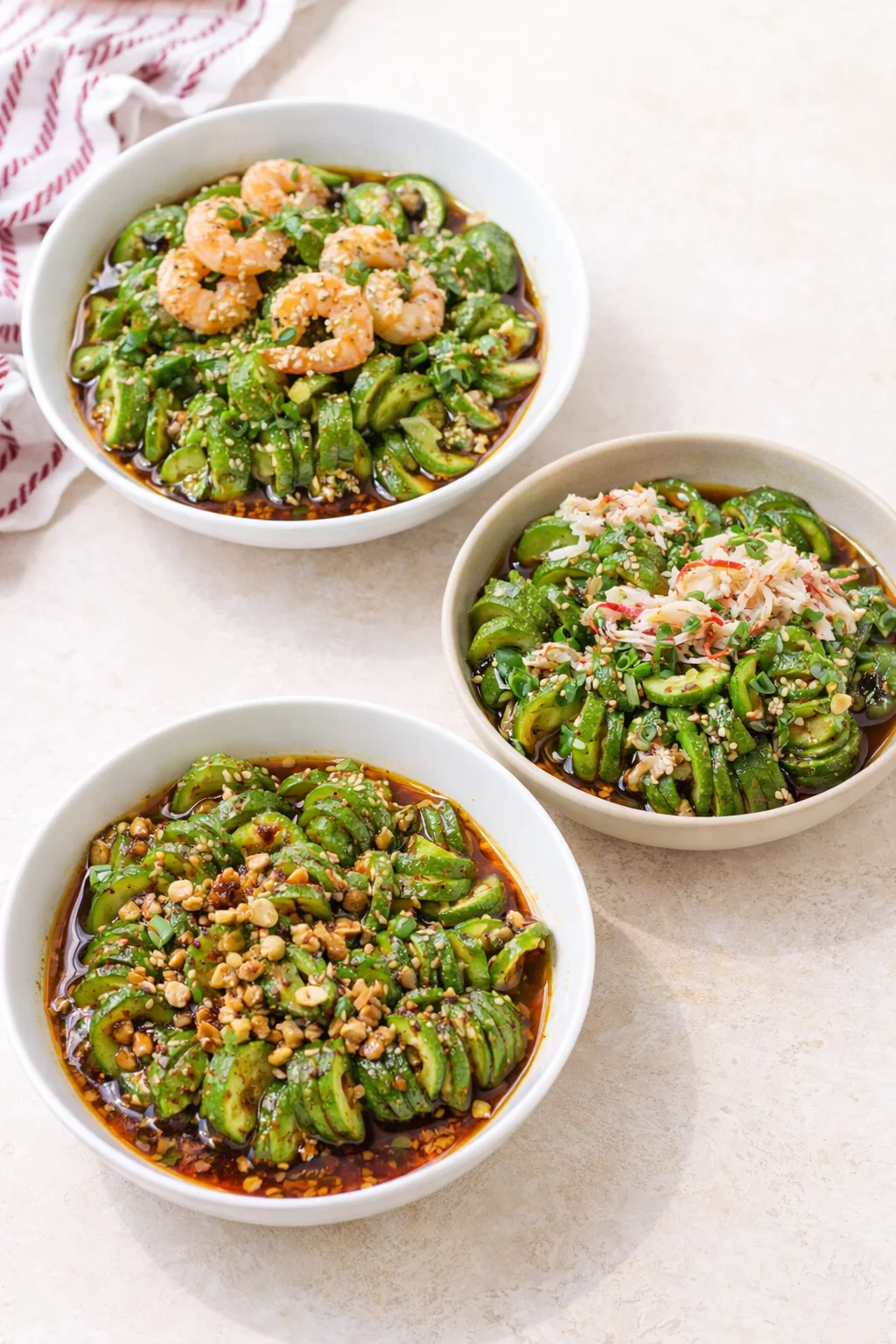 variations-placeholder.png Variation ideas for Asian Cucumber Salad TikTok Recipe shown in a styled layout