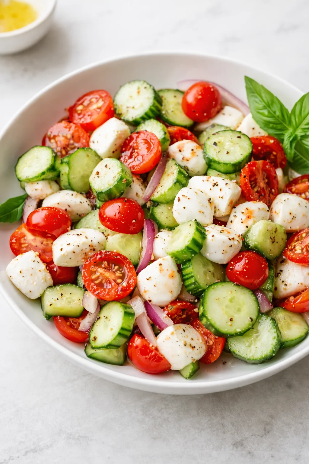 Final plated Fresh Cucumber Caprese Salad served as a hero shot