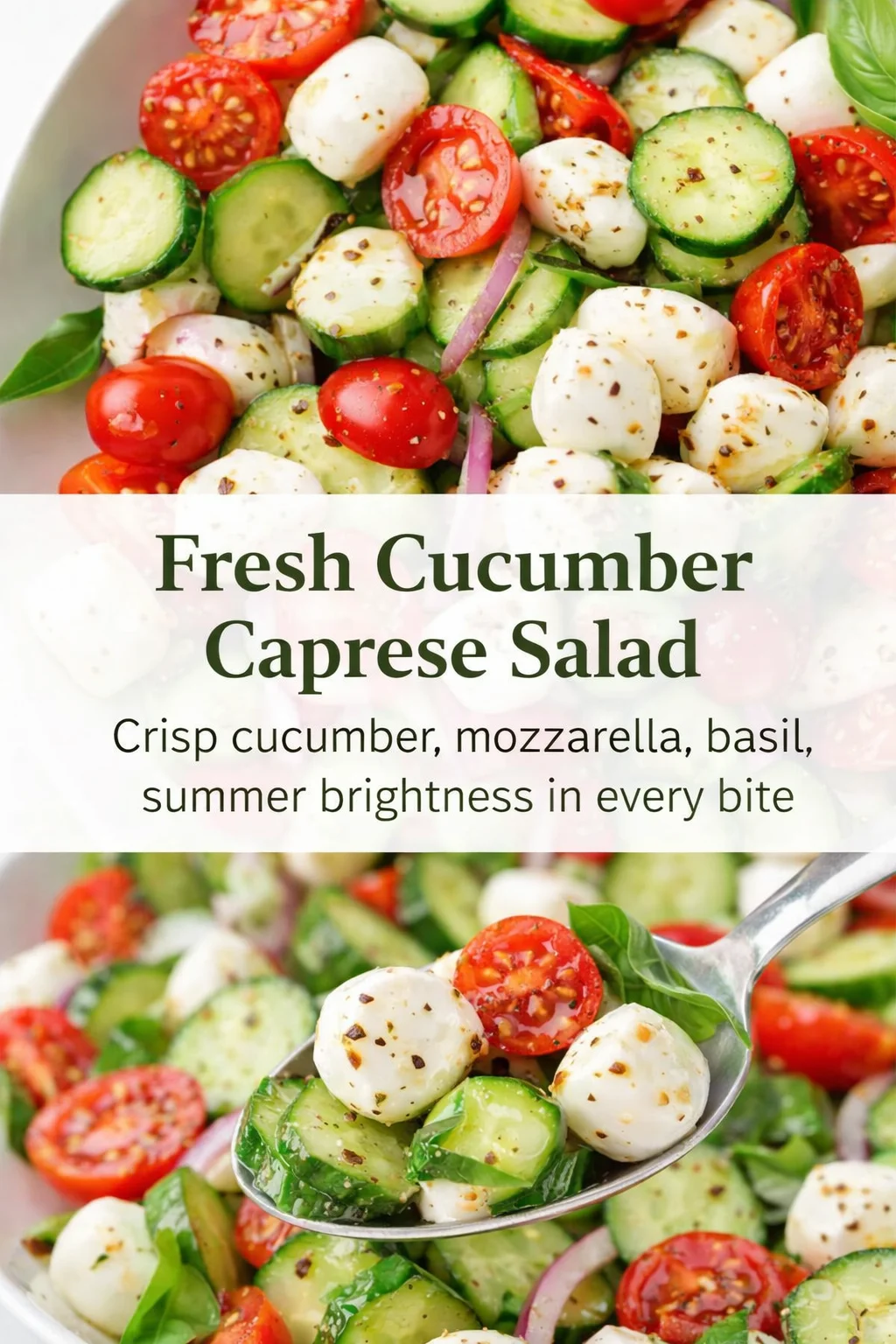 Pinterest-style image for Fresh Cucumber Caprese Salad with centered text overlay