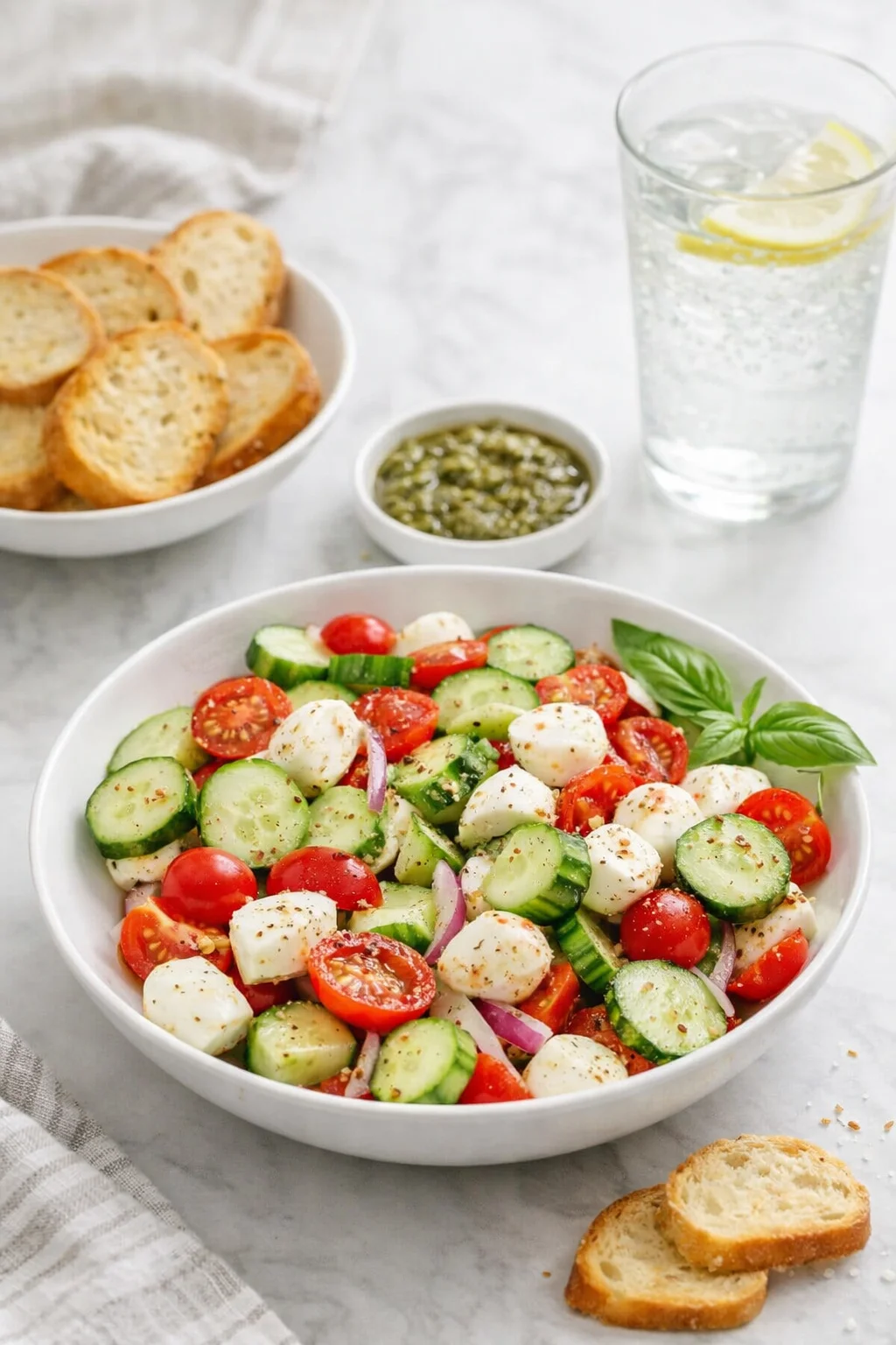 Alternative angle of Fresh Cucumber Caprese Salad served with a pairing