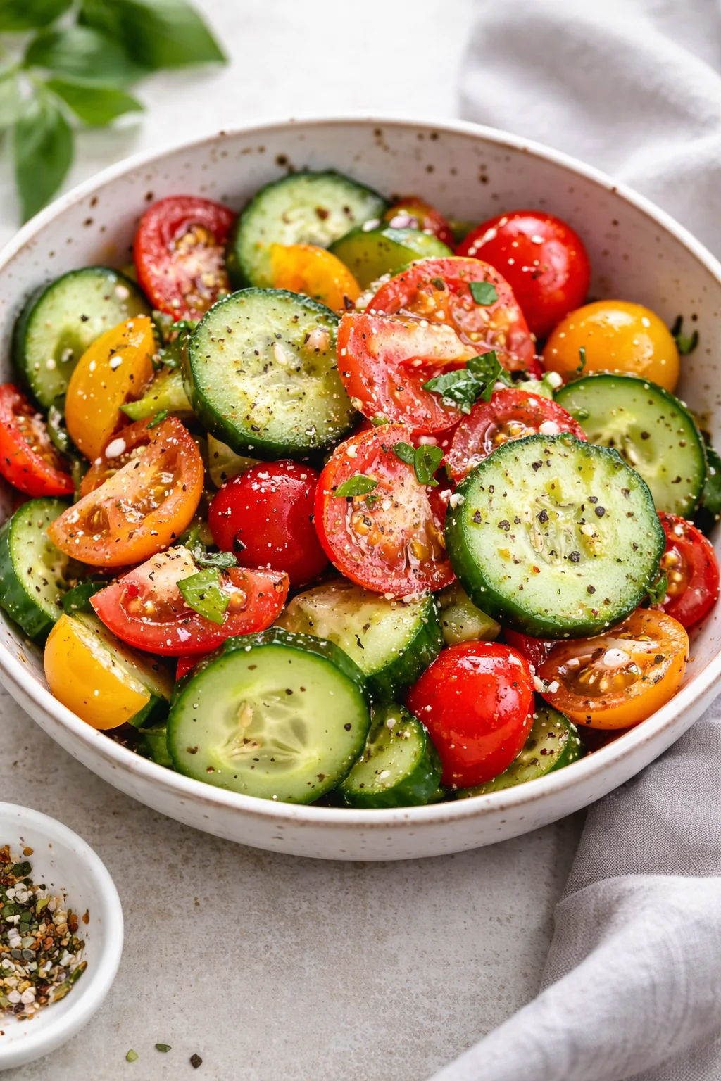 Salad served in bowl garnished with parsley, ready to eat or chill.