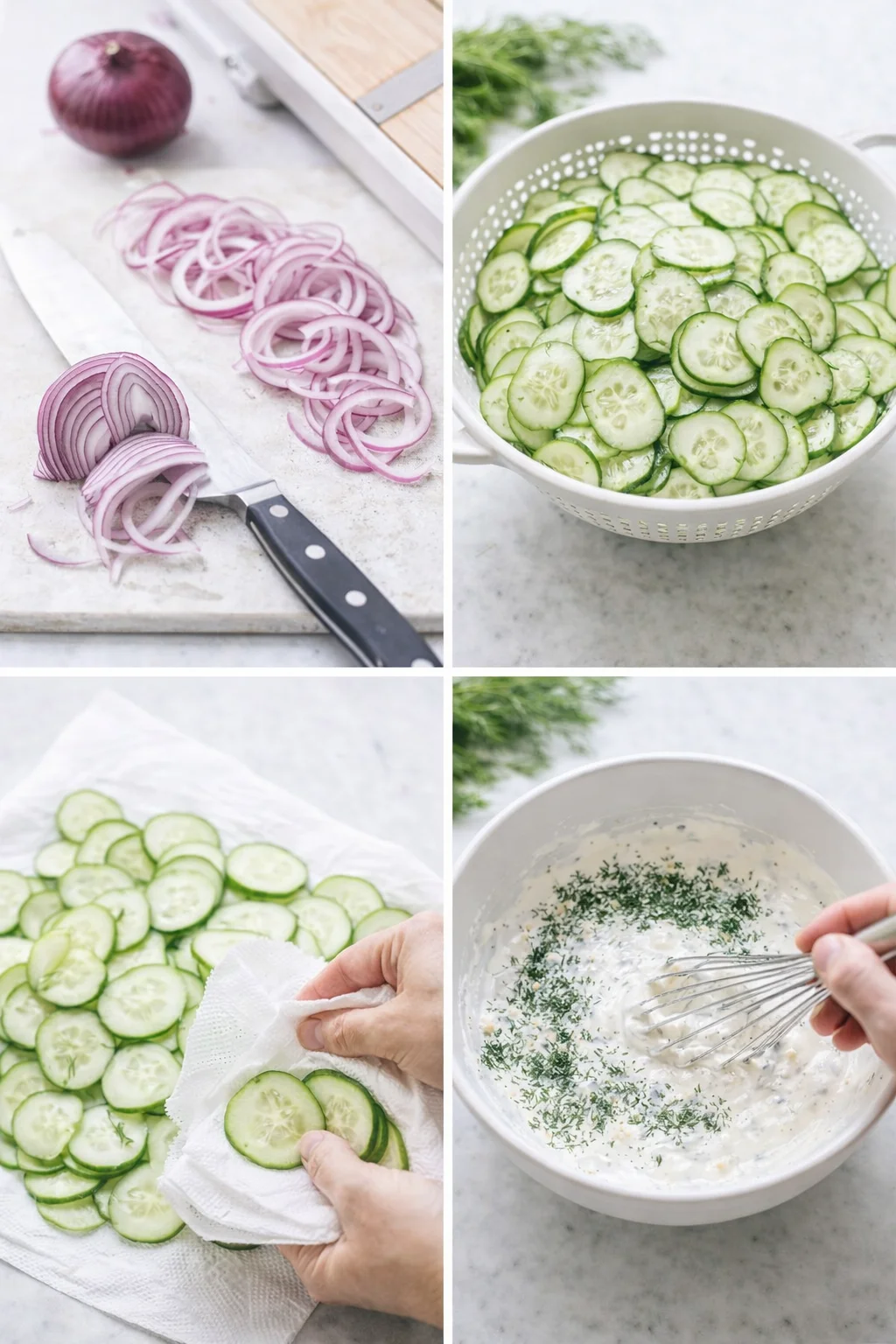 Thin red onion and cucumber slices beside paper towels and a bowl of creamy dill dressing being whisked.
