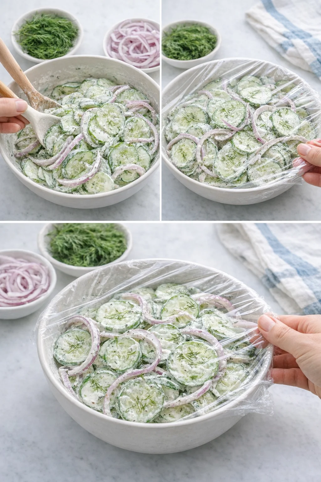 Cucumber and onion slices coated in creamy dressing in a bowl being gently tossed and covered to chill.