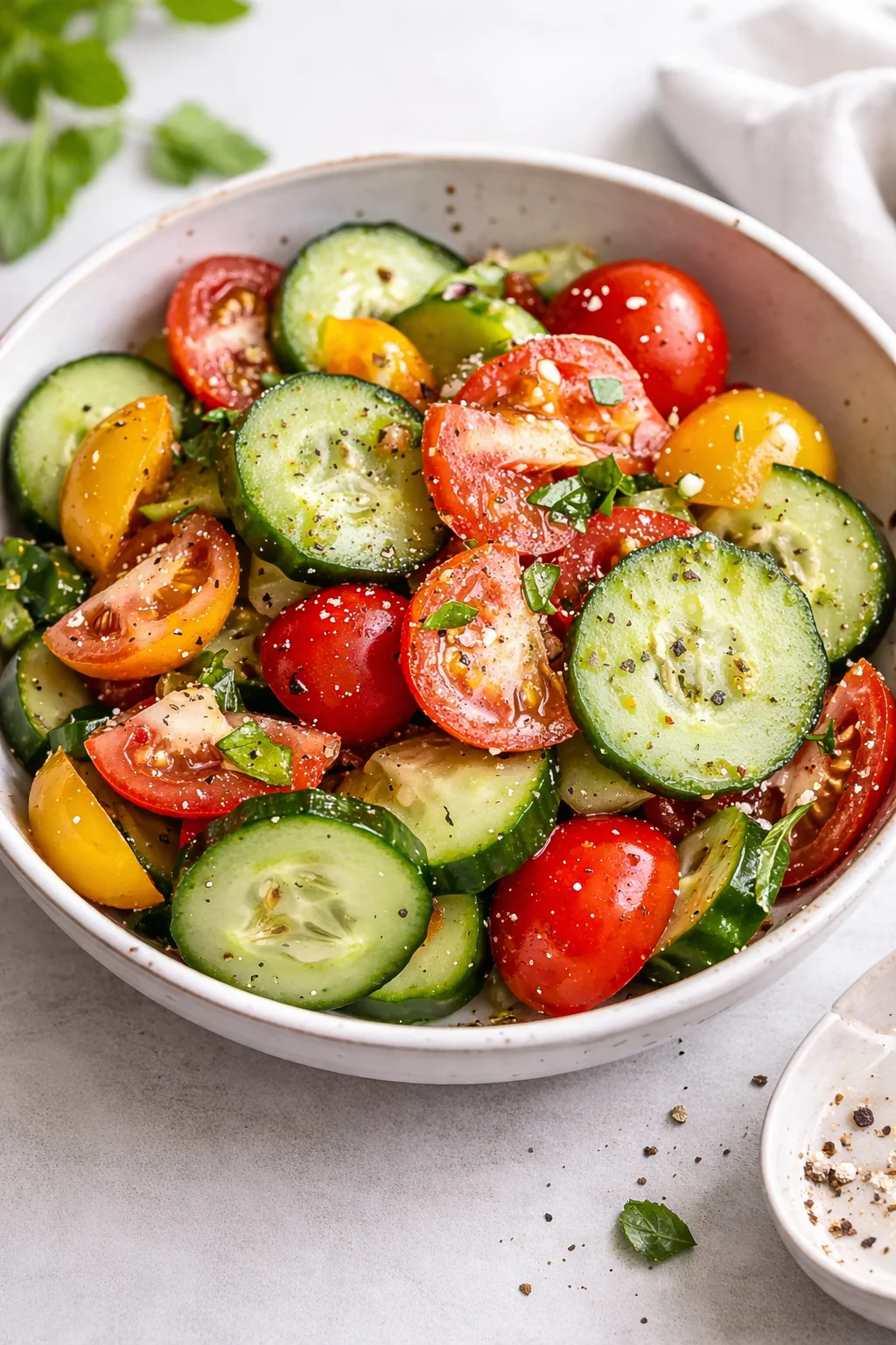 Final plated Cucumber and Tomato Salad served as a hero shot