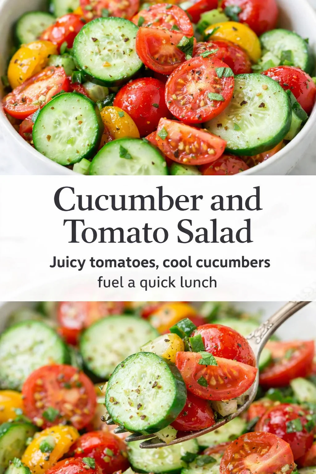 Pinterest-style image for Cucumber and Tomato Salad with centered text overlay