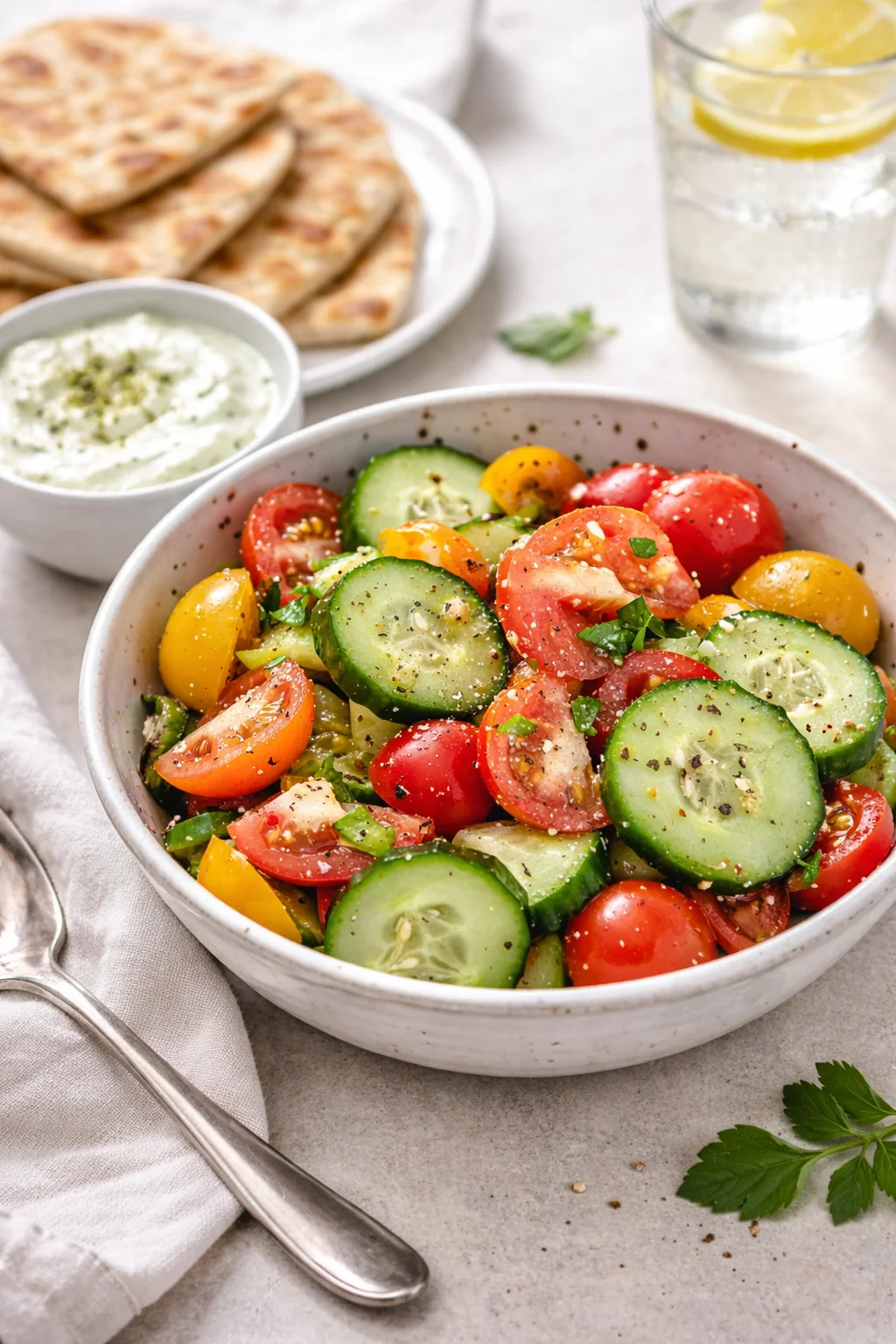 Alternative angle of Cucumber and Tomato Salad served with a pairing