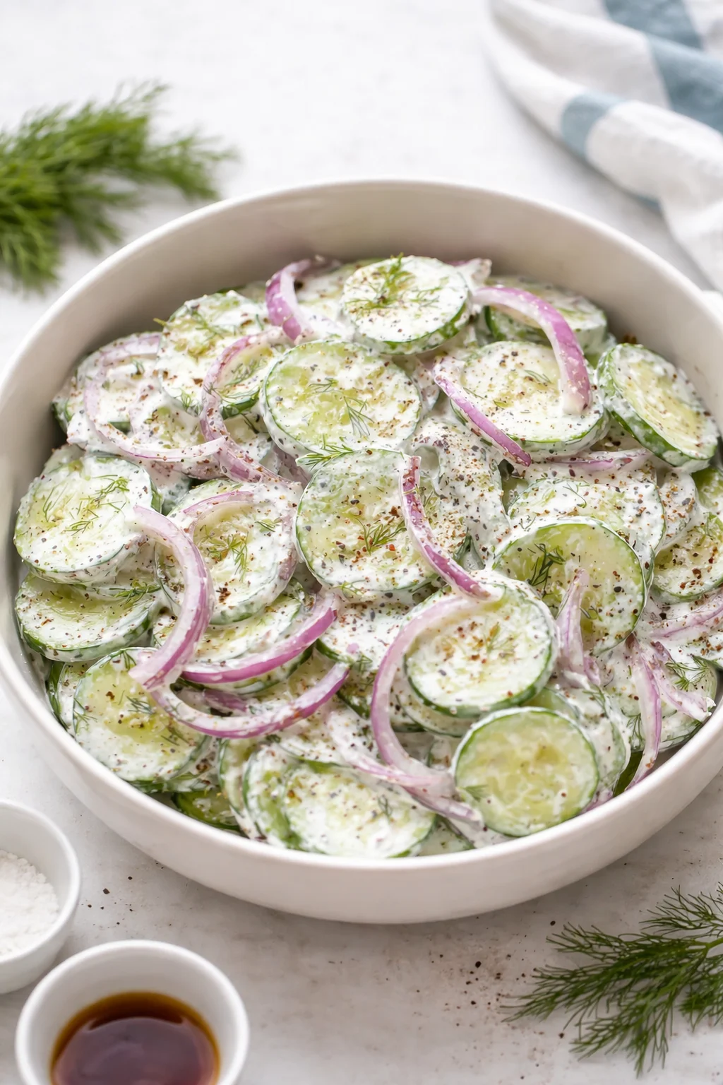 Final plated Creamy Cucumber Salad Recipe | Refreshing Summer Side served as a hero shot