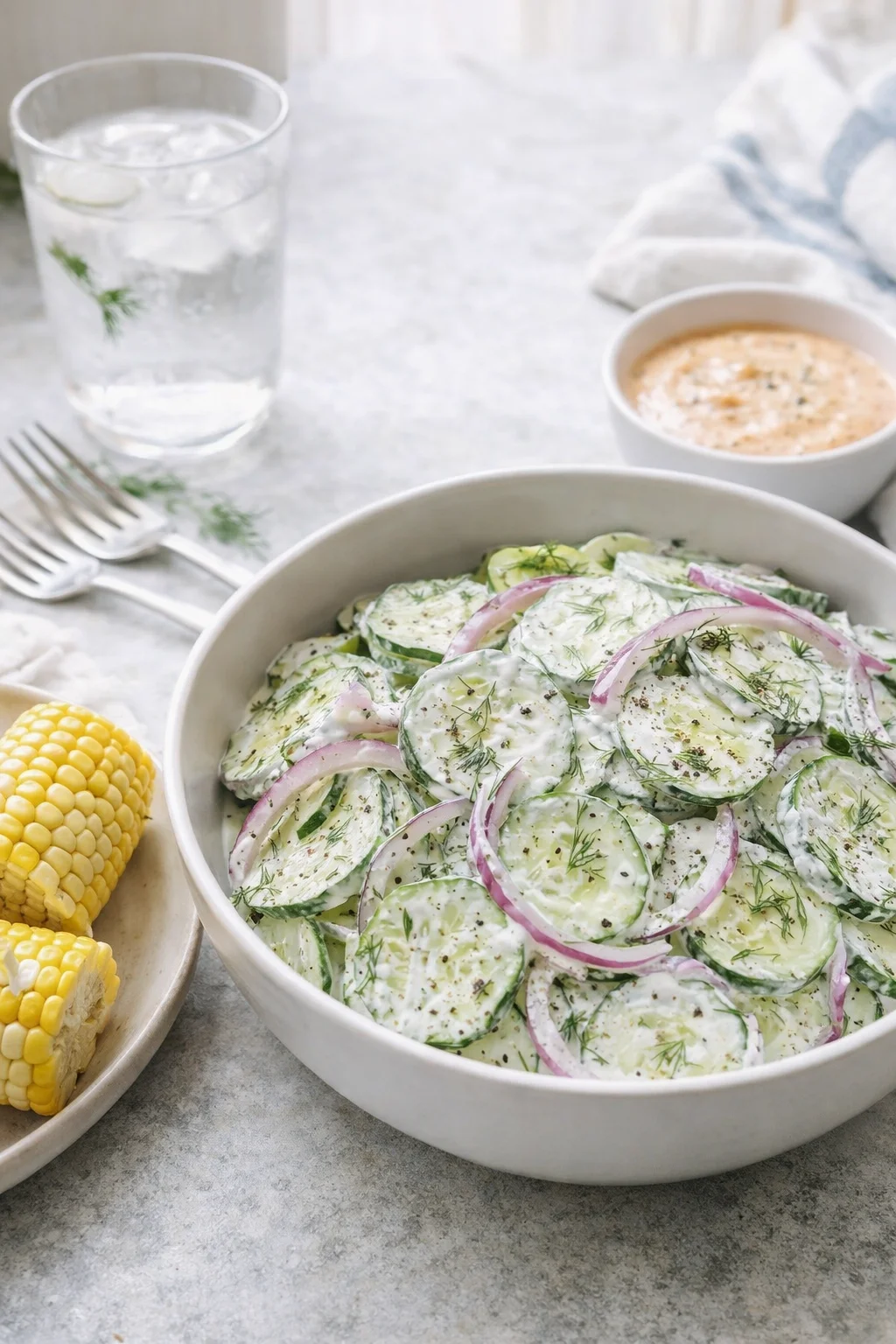 Alternative angle of Creamy Cucumber Salad Recipe | Refreshing Summer Side served with a pairing